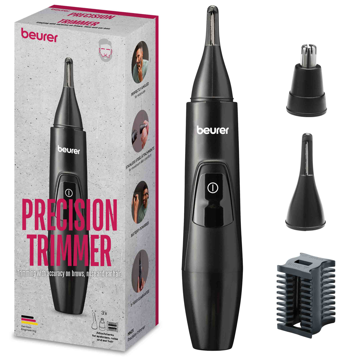 Verpakte precisietrimmer met opzetstukken en een close-up van de trimmer.