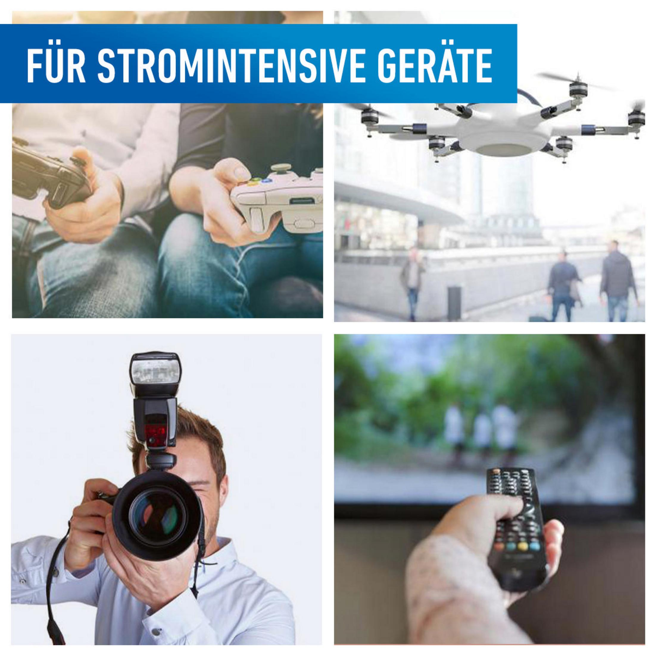 Cztery obrazy: osoby z gamepadami, dron, fotograf i pilot.