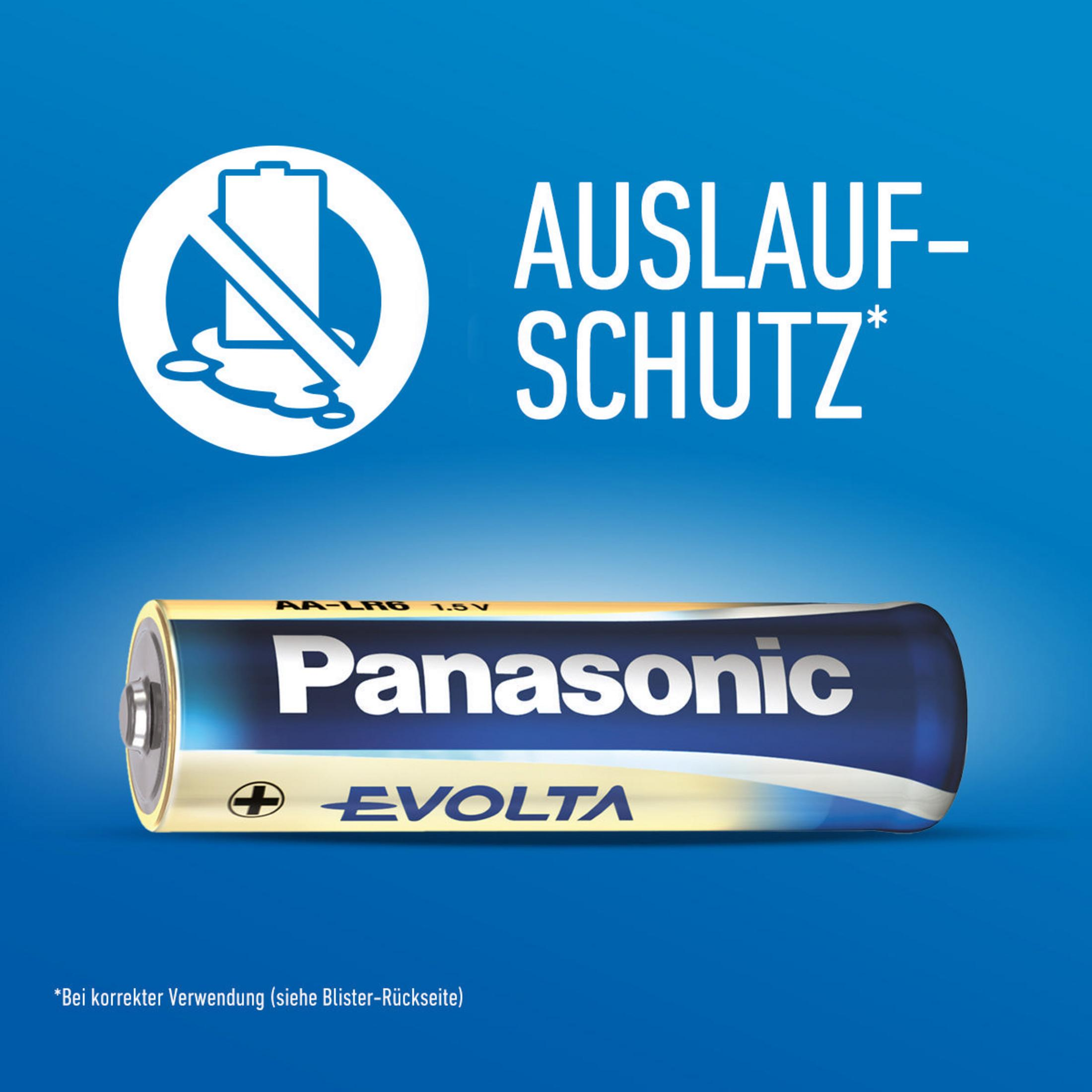 Bateria AA z napisem 'Panasonic' i 'EVOLTA' na niebieskim tle, ze symbolem ochrony przed wyciekiem.