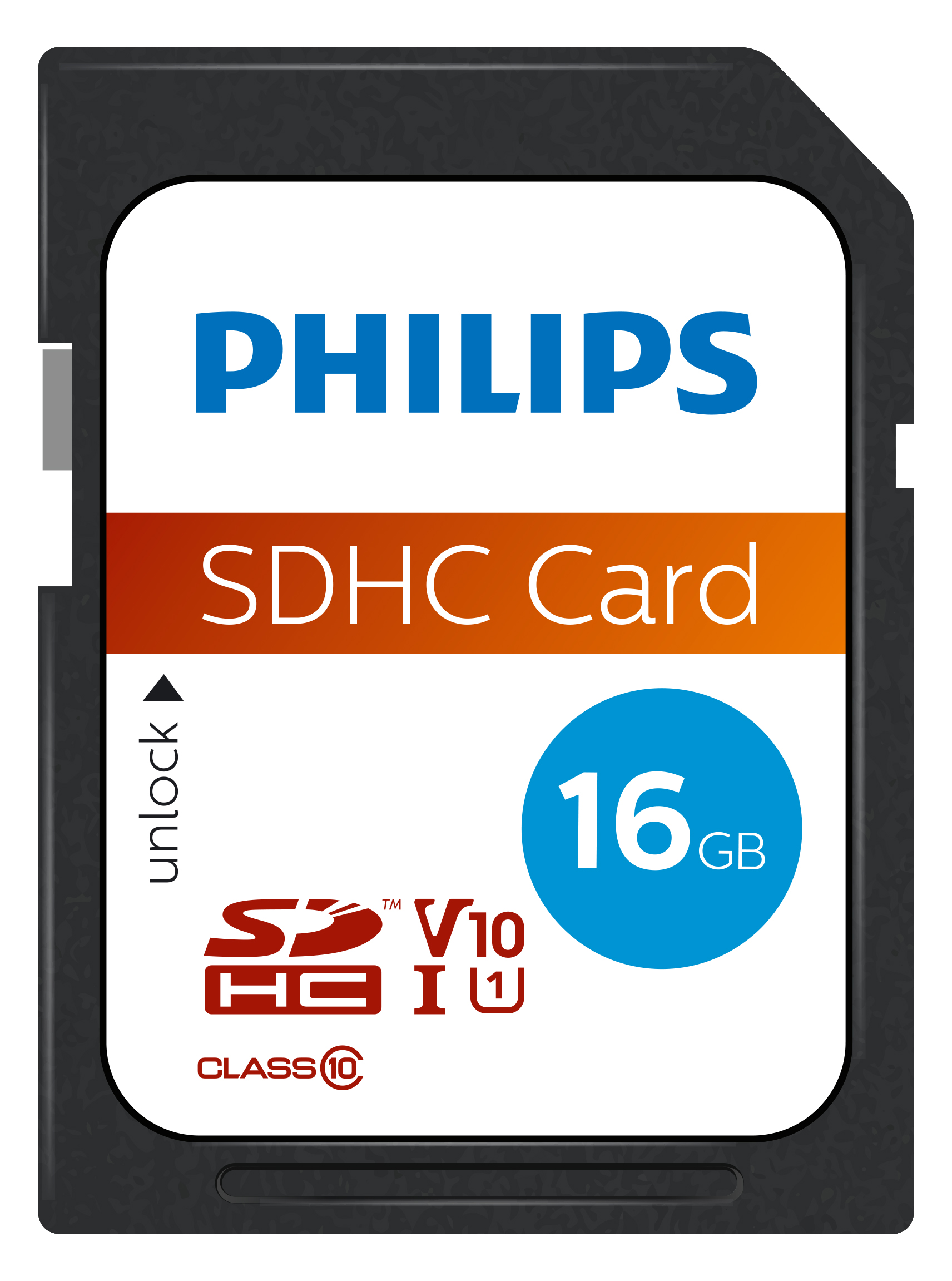 Una scheda SDHC Philips da 16 GB, design bianco e nero, con una striscia arancione.