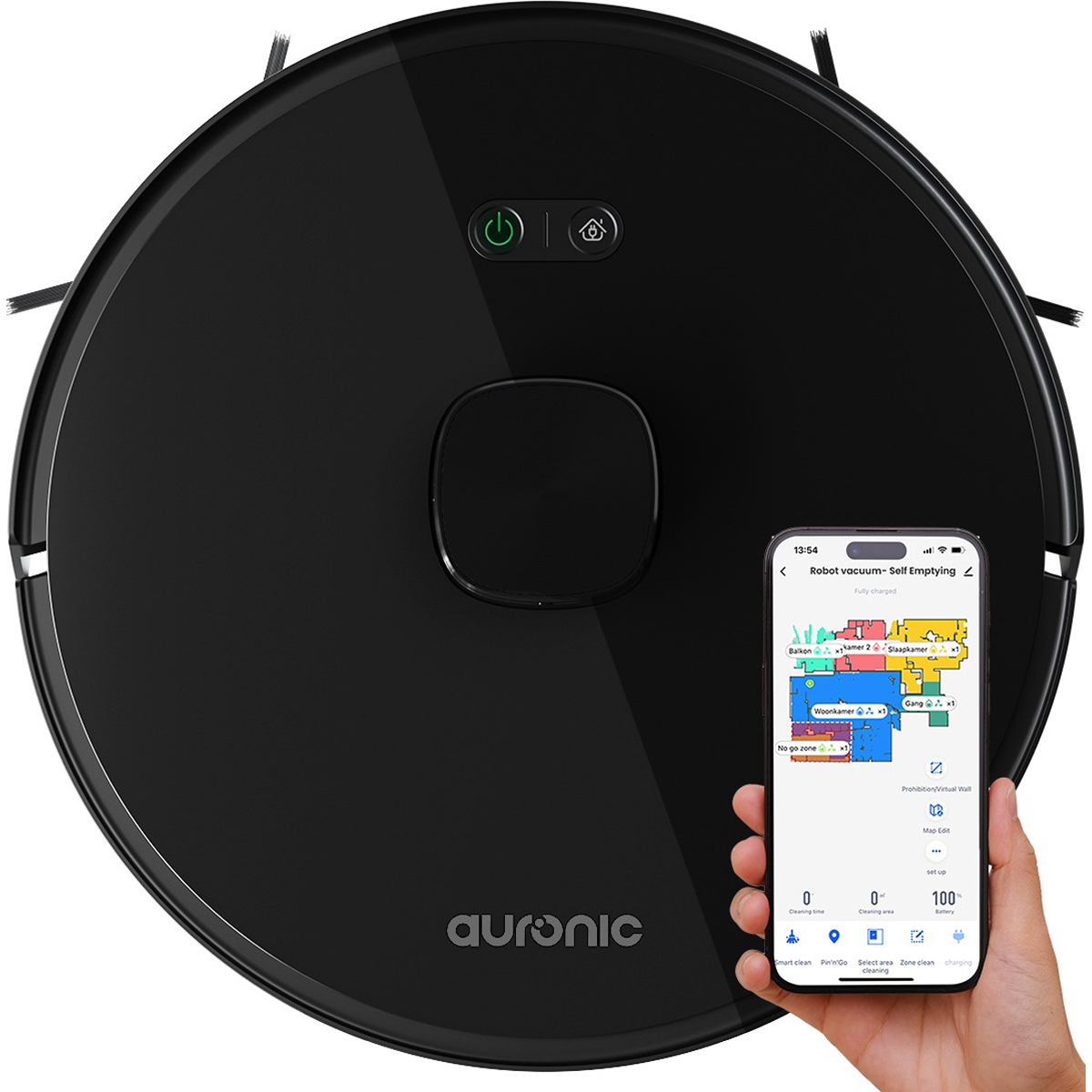 Schwarzer Roboter-Staubsauger mit einem Telefon, das eine Karte des gereinigten Bereichs zeigt.