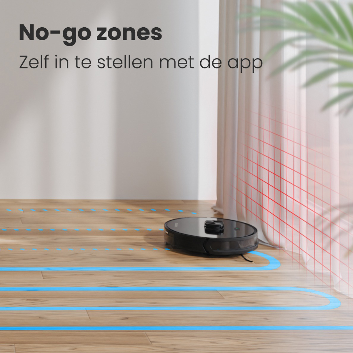Robotstofzuiger op houten vloer, met blauwe schoonmaakpaden en rode no-go zones.