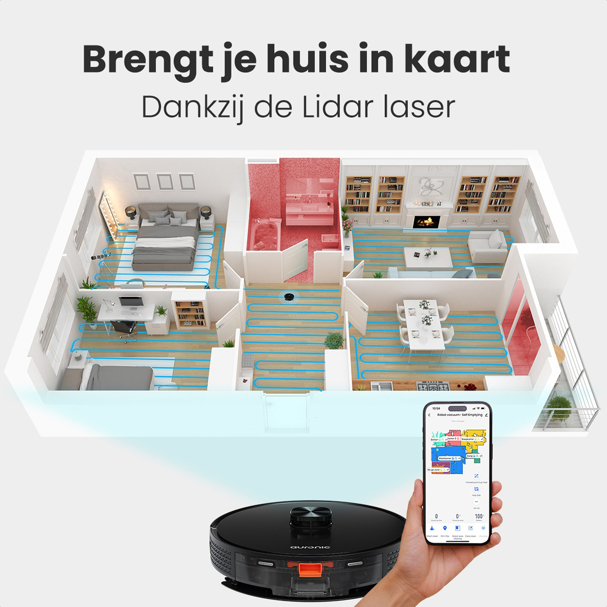 Een plattegrond van een huis met een robotstofzuiger en een telefoon. De indeling is complex en gedetailleerd.