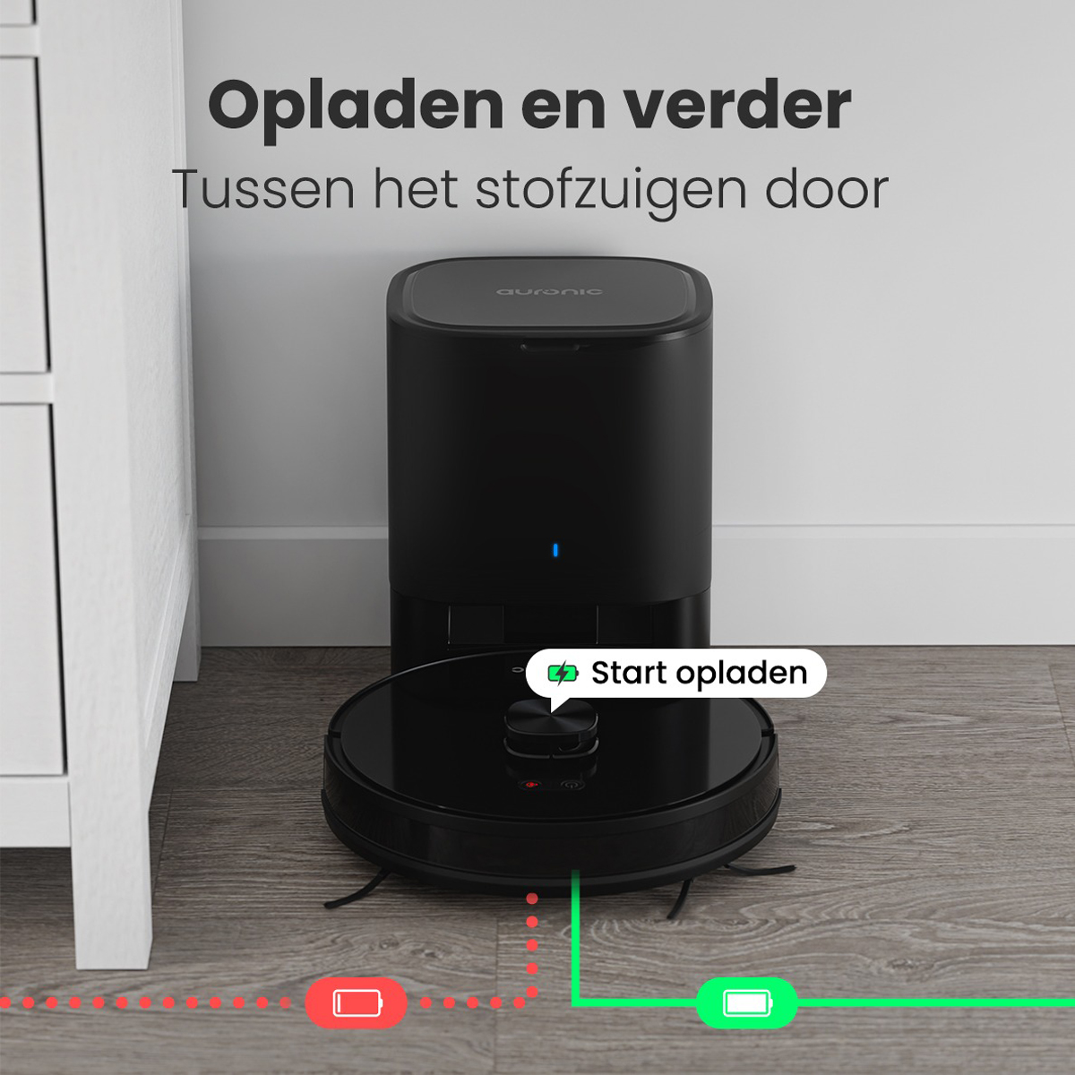 Zwarte robotstofzuiger die oplaadt. Oplaadstation is zwart. Witte kast links.