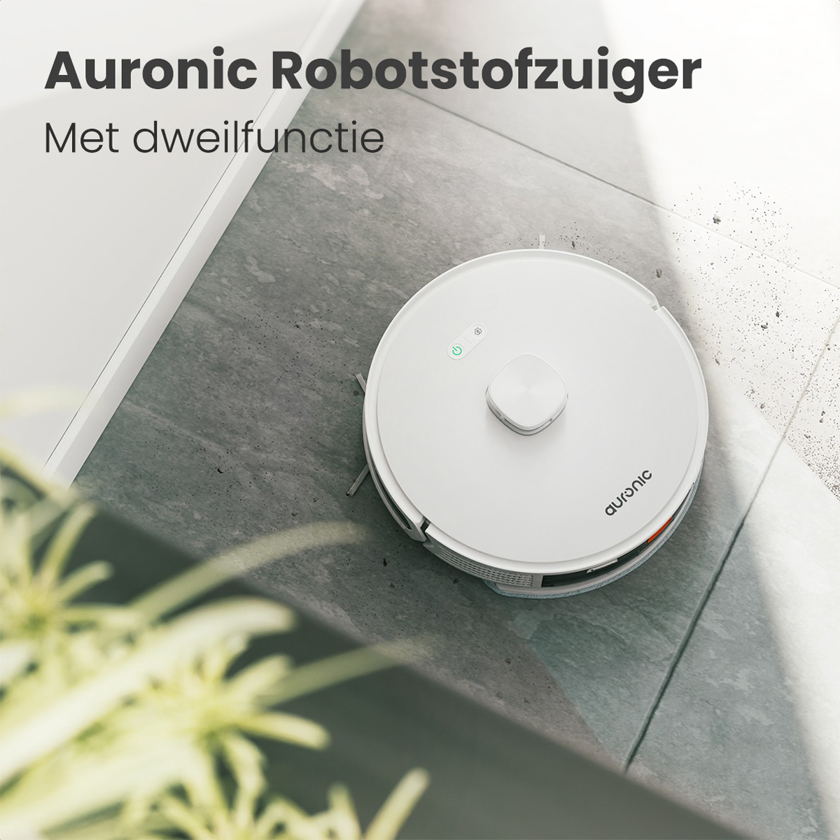 Aspirateur robot blanc sur un sol carrelé gris, près d'un mur blanc et d'une plante.