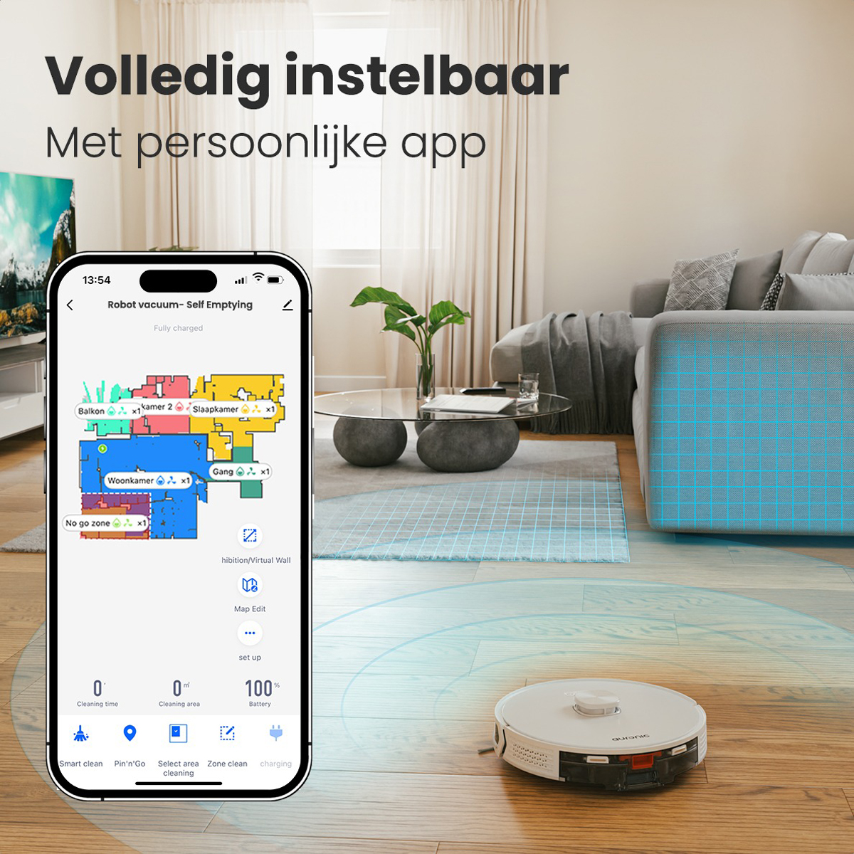 Aspirateur robot et téléphone affichant une carte de la maison. Le robot nettoie.