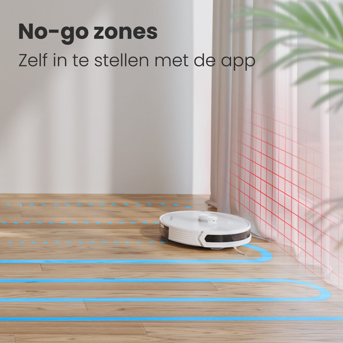 Un aspirateur robot blanc sur un plancher en bois avec des lignes de guidage bleues et des zones interdites rouges.