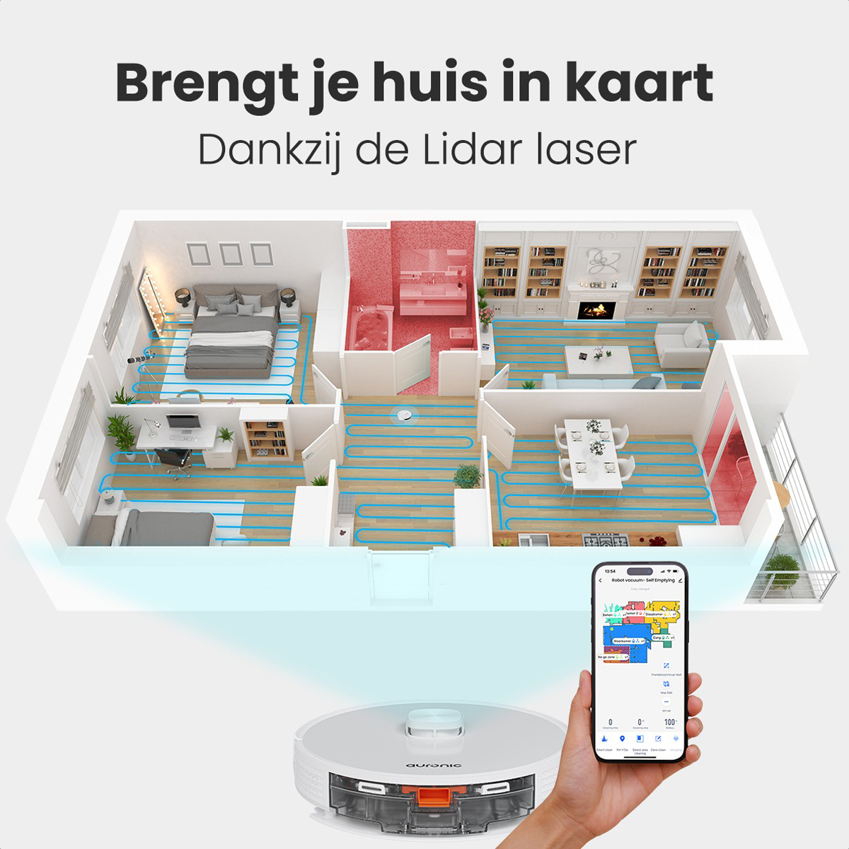 Un schéma d'une maison avec des lignes bleues montrant le parcours de nettoyage d'un aspirateur robot.