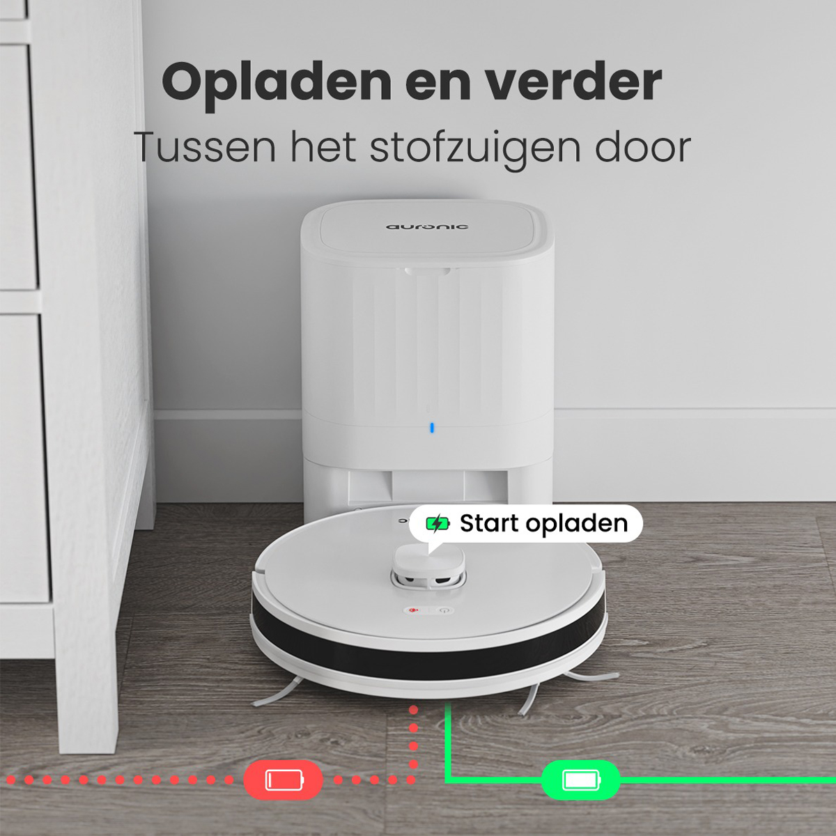 Un robot aspirateur blanc à côté de sa station de charge. Un bouton sur la station dit 'Démarrer la charge'.