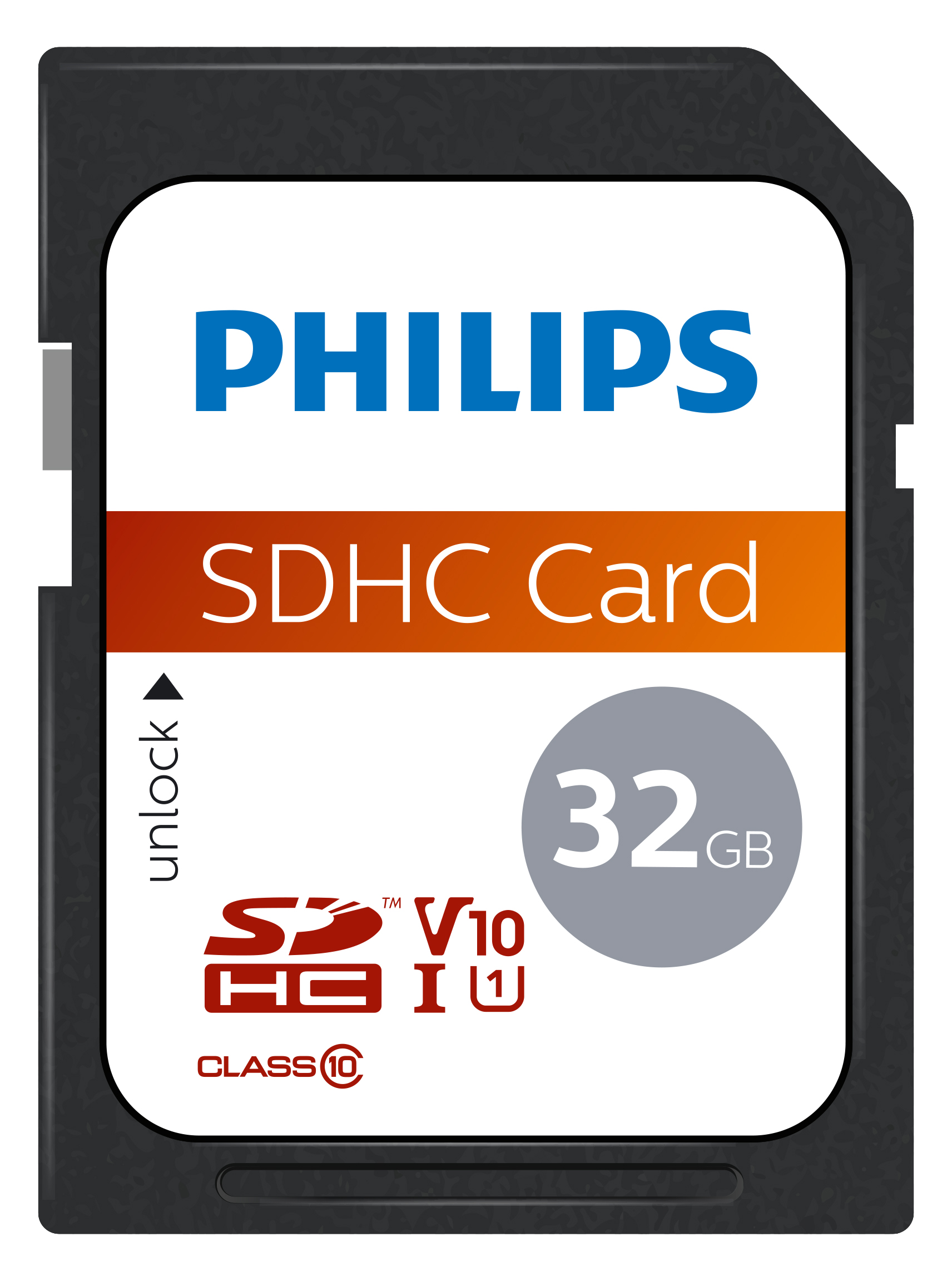 SDHC memory card with Philips branding, 32GB capacity, and lock/unlock slider.