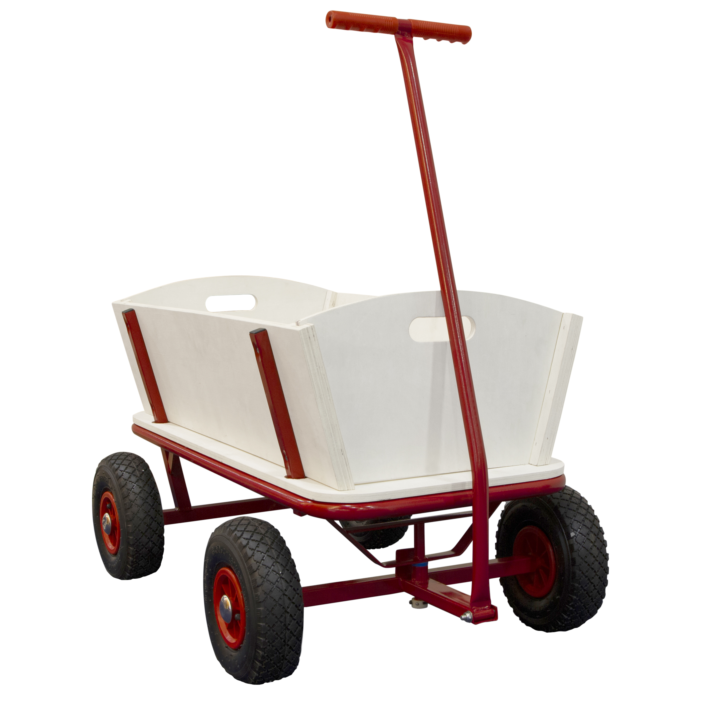 Holzwagen mit rotem Rahmen und Griff, vier Räder.