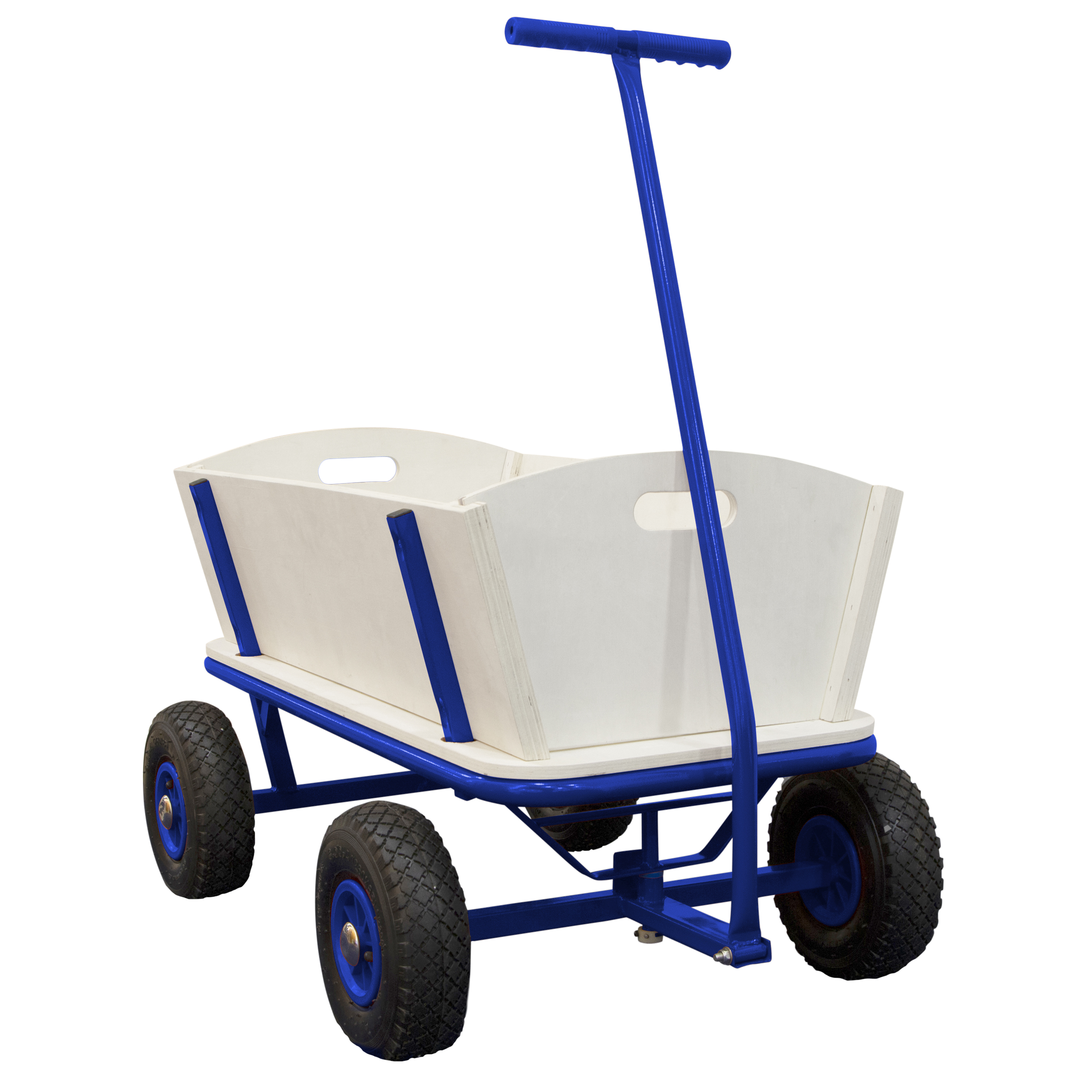 Ein weißer und blauer Wagen mit blauem Griff und vier schwarzen Reifen.