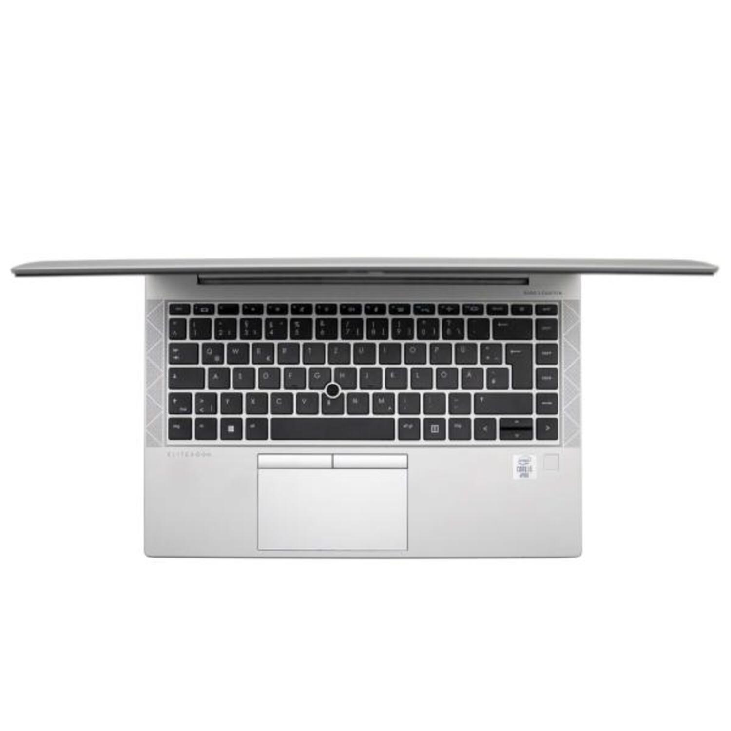 Draufsicht auf einen geöffneten Laptop. Tastatur sichtbar, mit Trackpad.