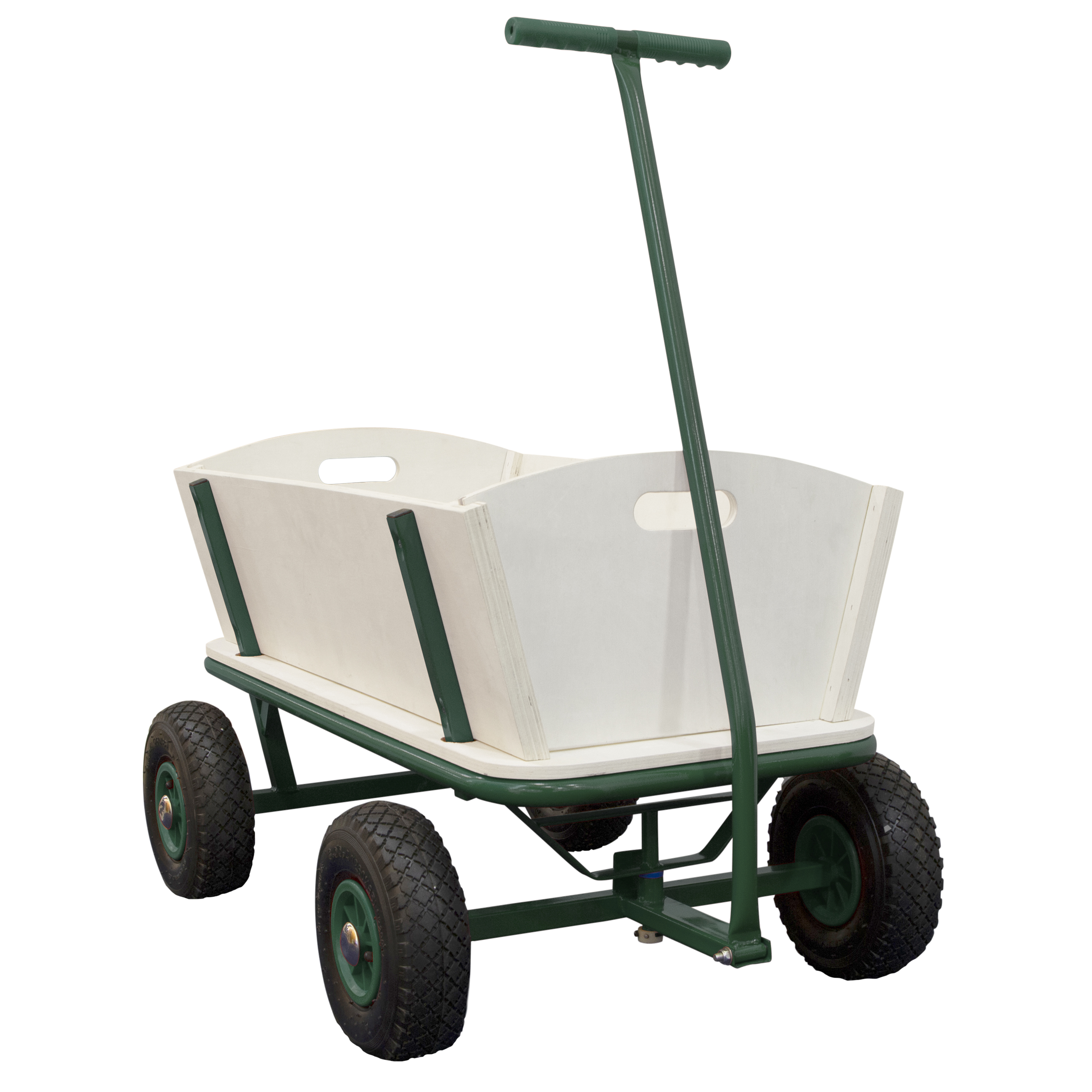 Ein weiß-grüner Wagen mit vier Rädern. Er hat einen grünen Griff und einen weißen Holzkörper.