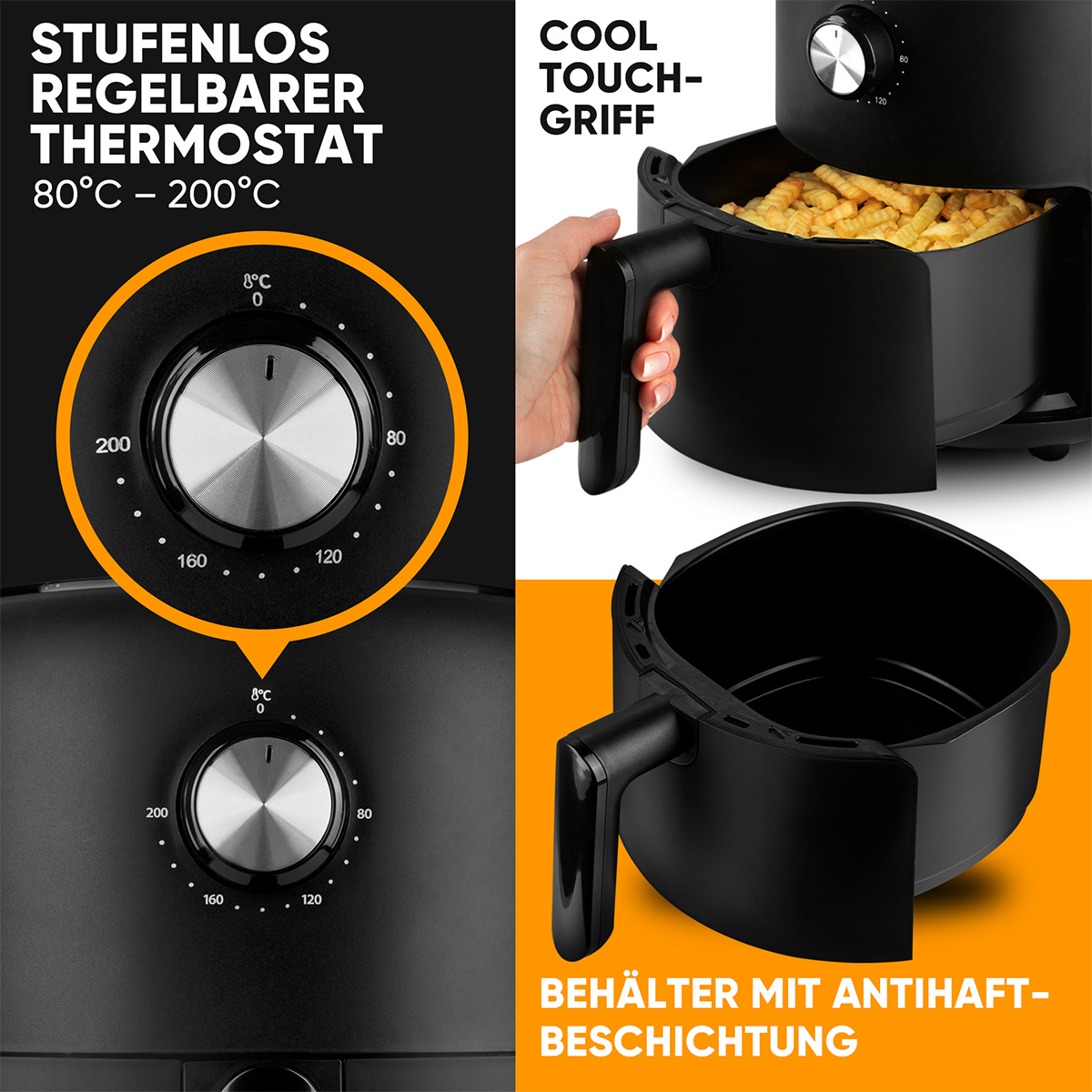 Nahaufnahme des Bedienfelds und des Korbs einer Heißluftfritteuse. Das Bedienfeld hat einen Temperaturregler und ein Griff ist sichtbar.