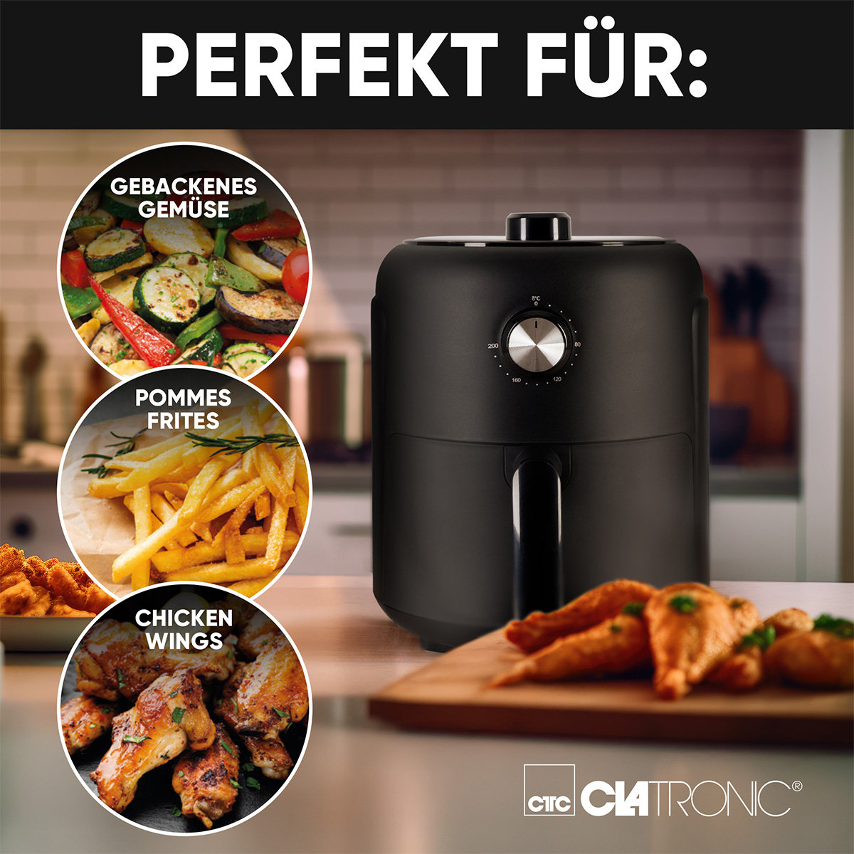 Schwarze Heißluftfritteuse mit Bildern von gebackenem Gemüse, Pommes und Chicken Wings.