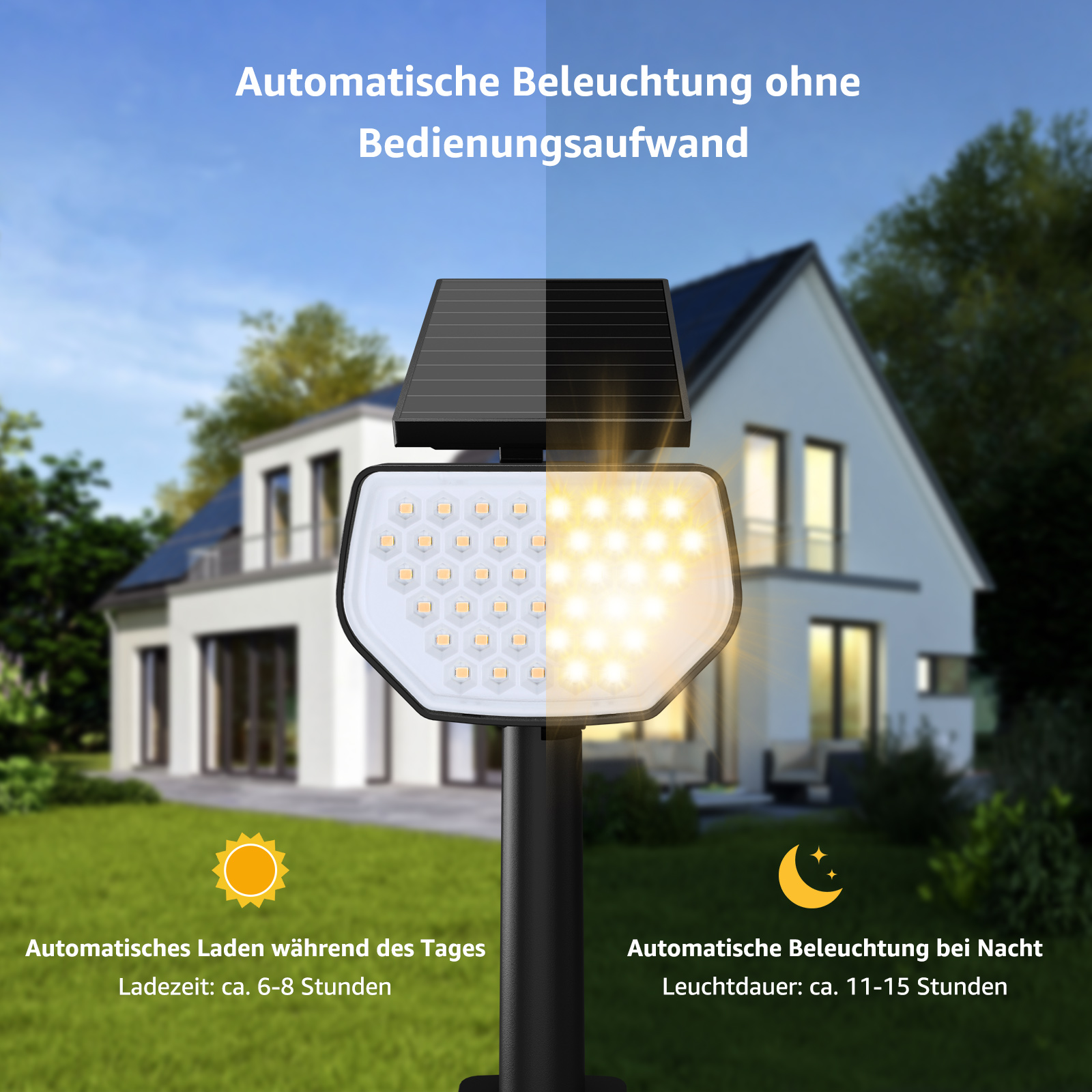 Solarbetriebene Leuchte. Schaltet sich nachts automatisch ein. Sonnen- und Mondsymbole. Haus im Hintergrund.