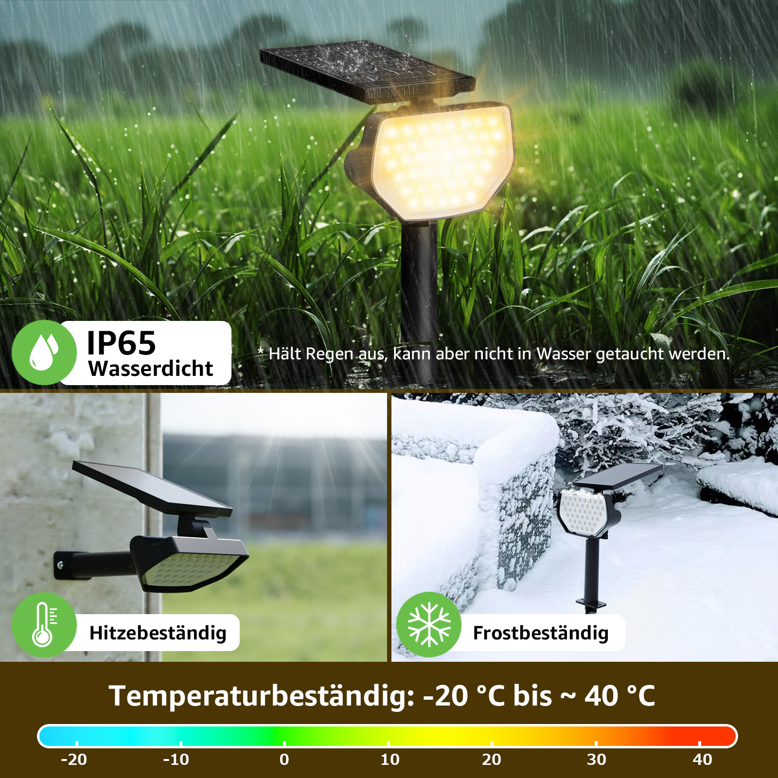 Solarbetriebene Strahler bei Regen und Schnee. Text: IP65 wasserdicht, hitze- und frostbeständig.