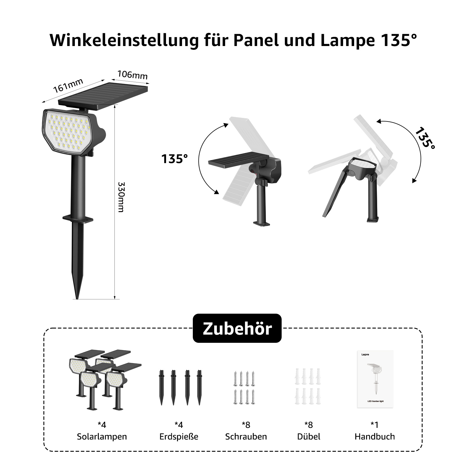 Solar-Gartenleuchten und Komponenten. Enthält Abmessungen und Winkelskizzen.
