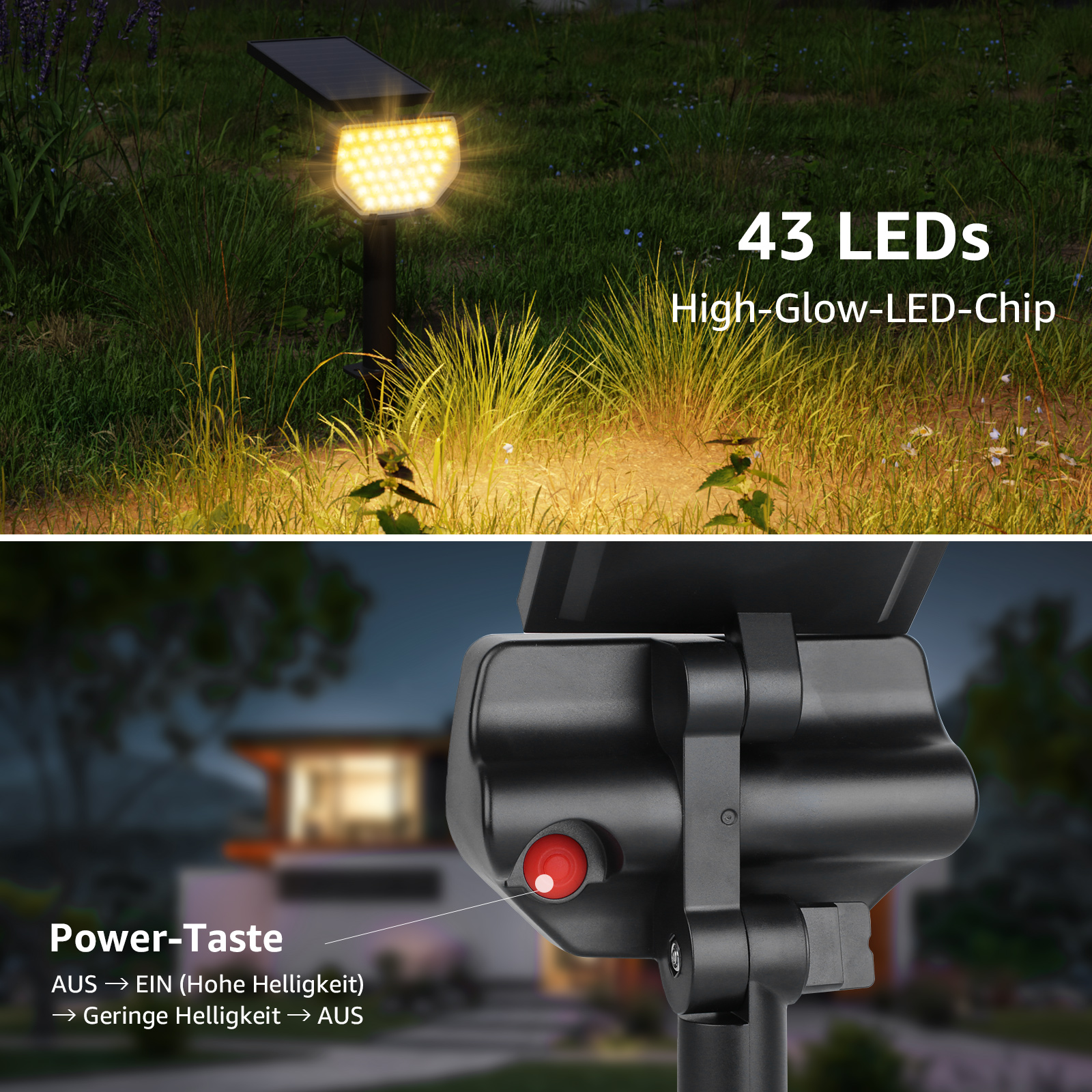 Solar-Gartenleuchte. Eine beleuchtete LED-Platte, eine dunkle Stange und ein roter Knopf an einem schwarzen Gerät.