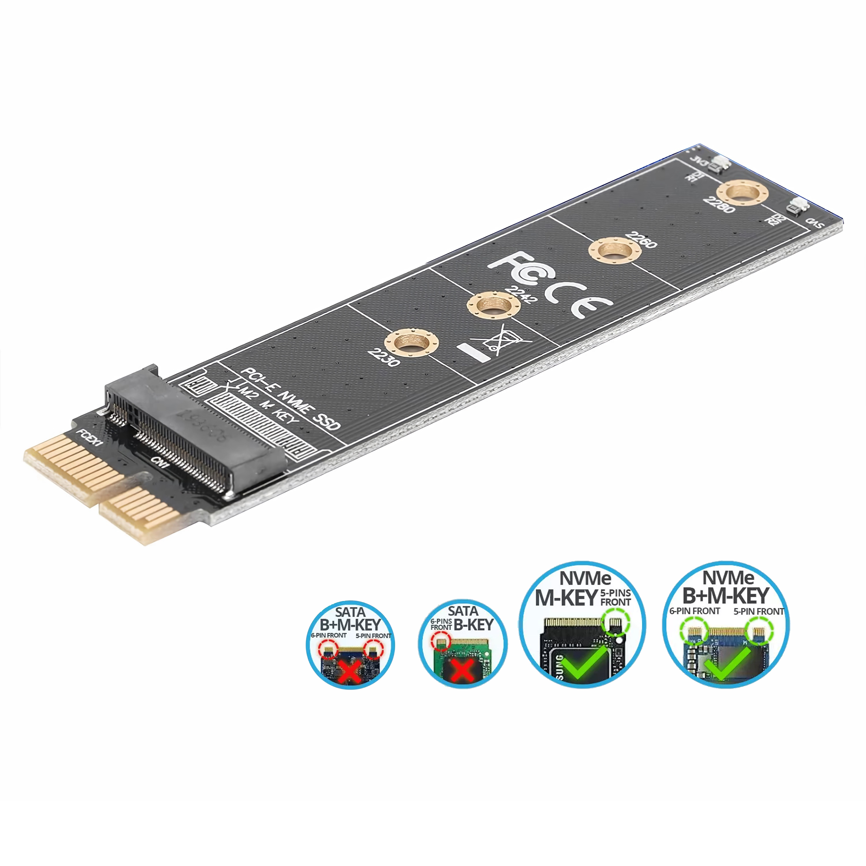 Ein schwarzer und goldener M.2-SSD-Adapter mit Etiketten und Anschlussdiagrammen.
