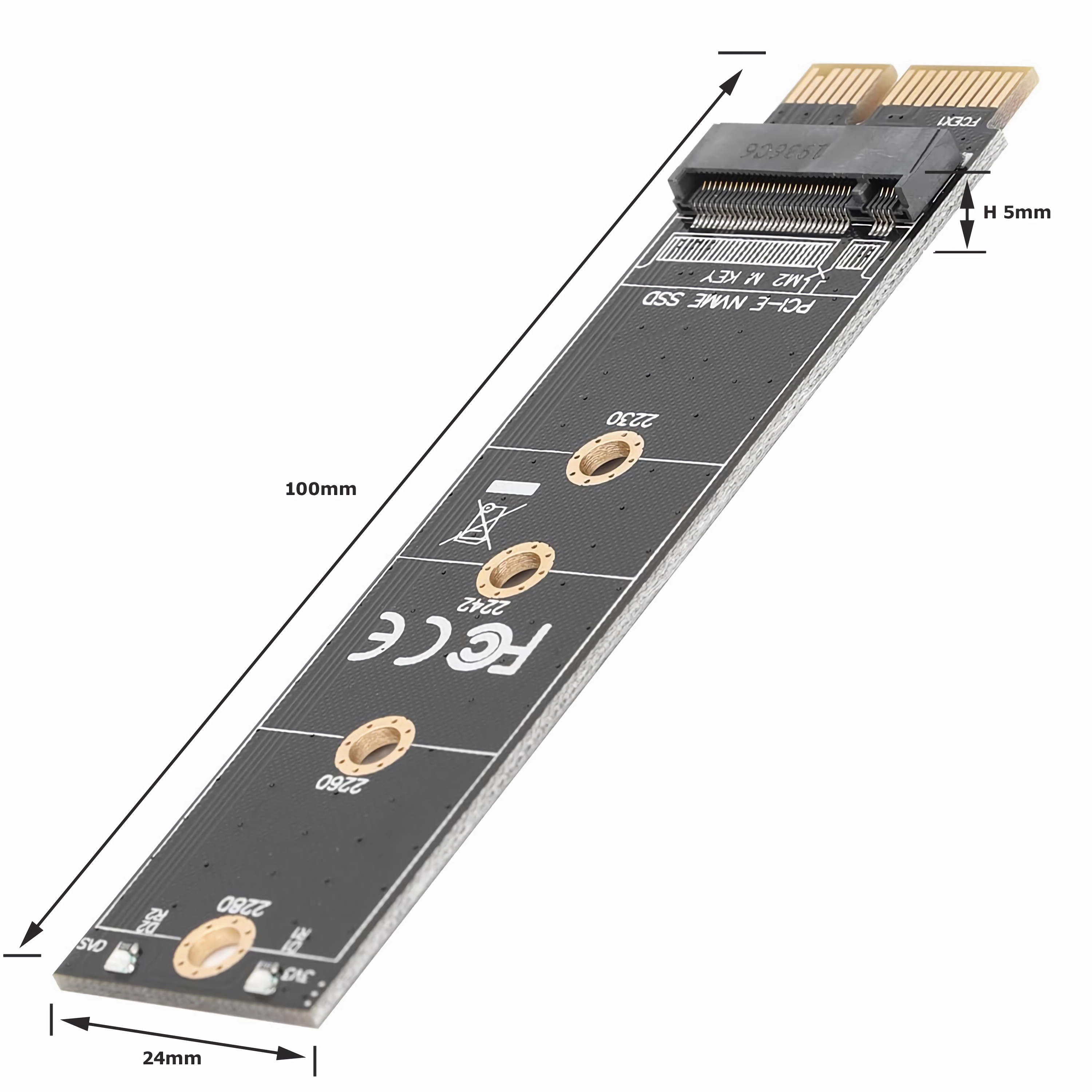 Schwarzer M.2-zu-PCIe-Adapter mit Messungen. Enthält Abmessungen und Markierungen.