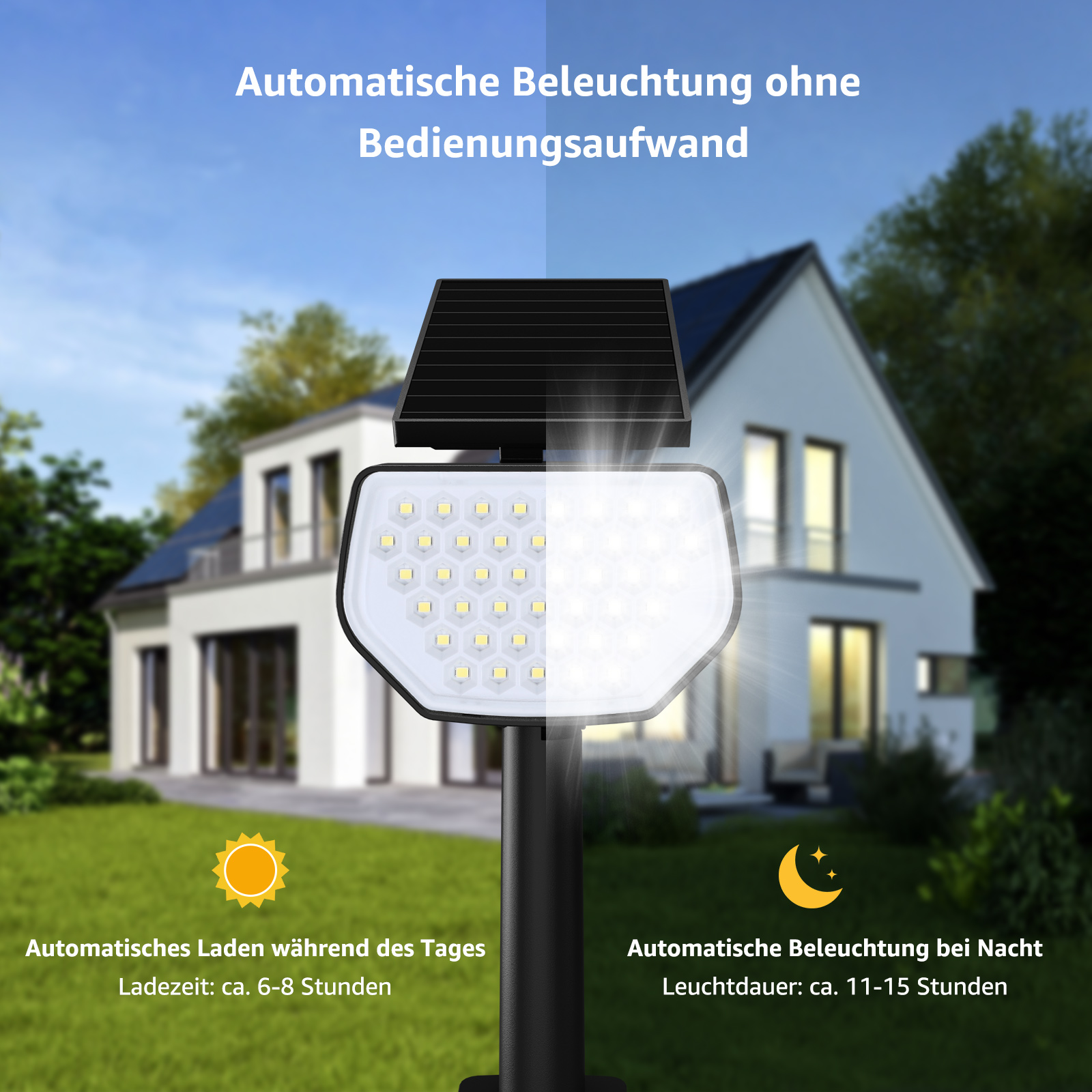 Eine Solarlampe mit einem Panel und weißem Licht, in der Nähe eines Hauses.
