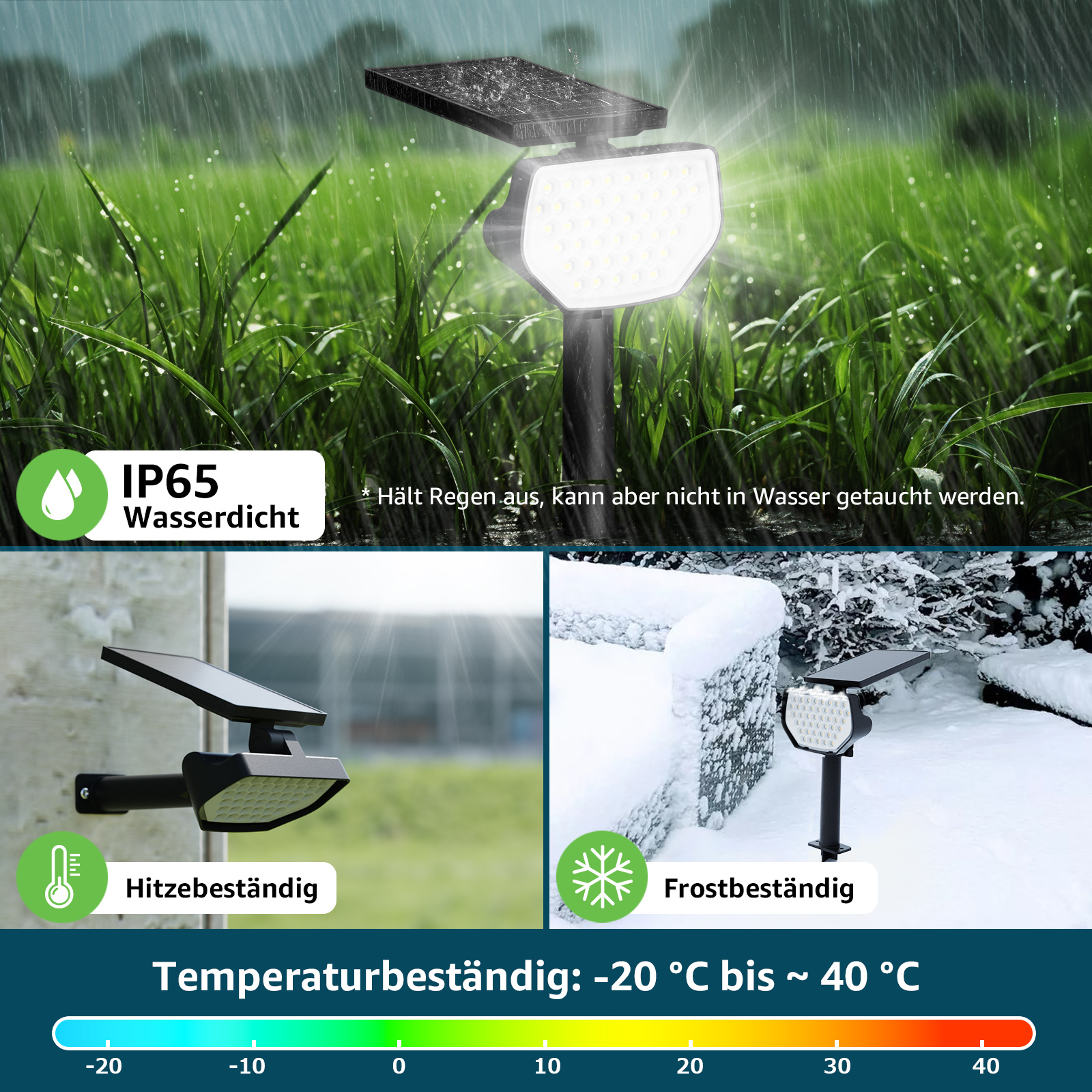 Solarbetriebene Außenleuchte mit Temperaturresistenzinformationen und Wetterbedingungen.