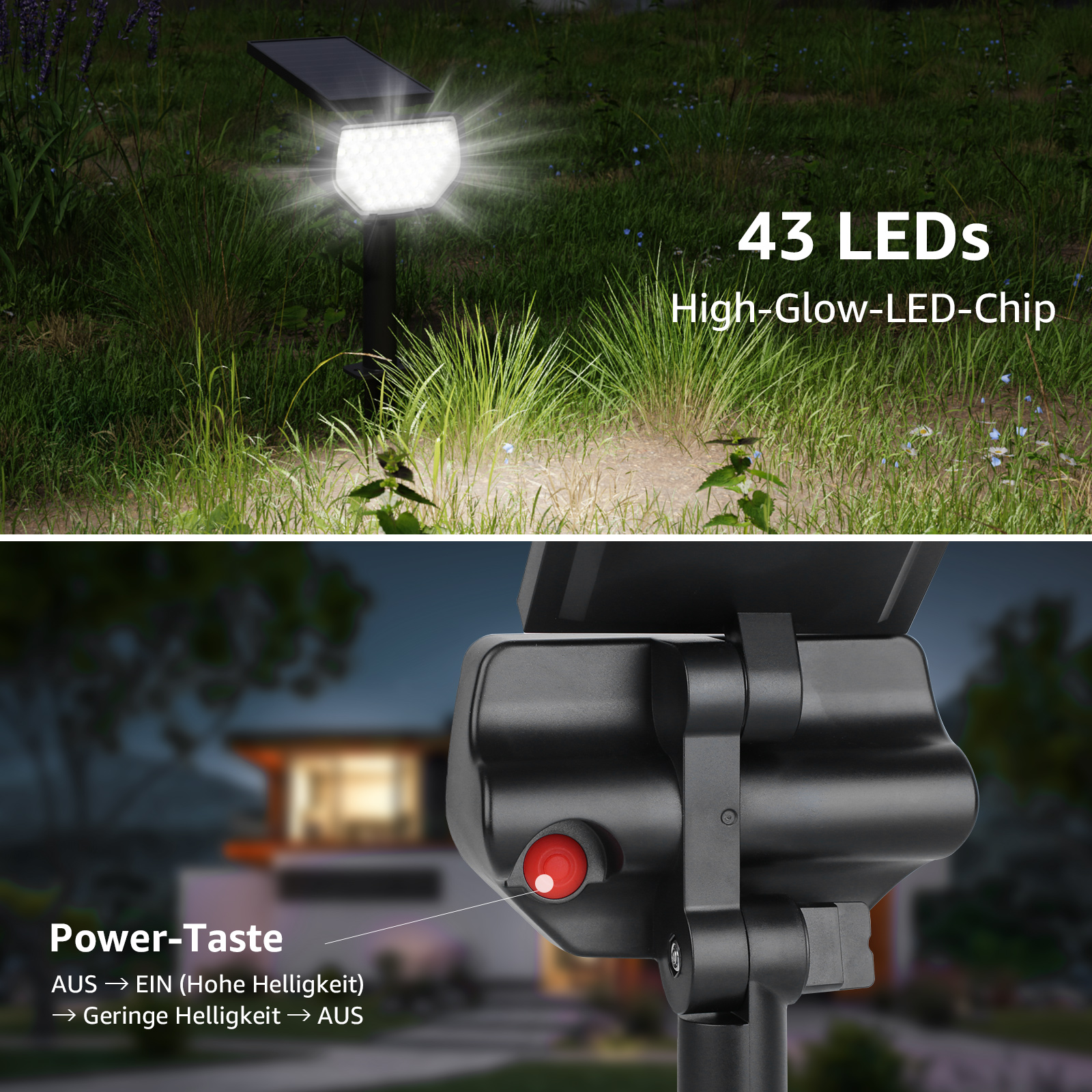 Eine Solar-Gartenleuchte mit Text. Der Text lautet '43 LEDs' und 'High-Glow-LED-Chip'. Das Licht ist an.