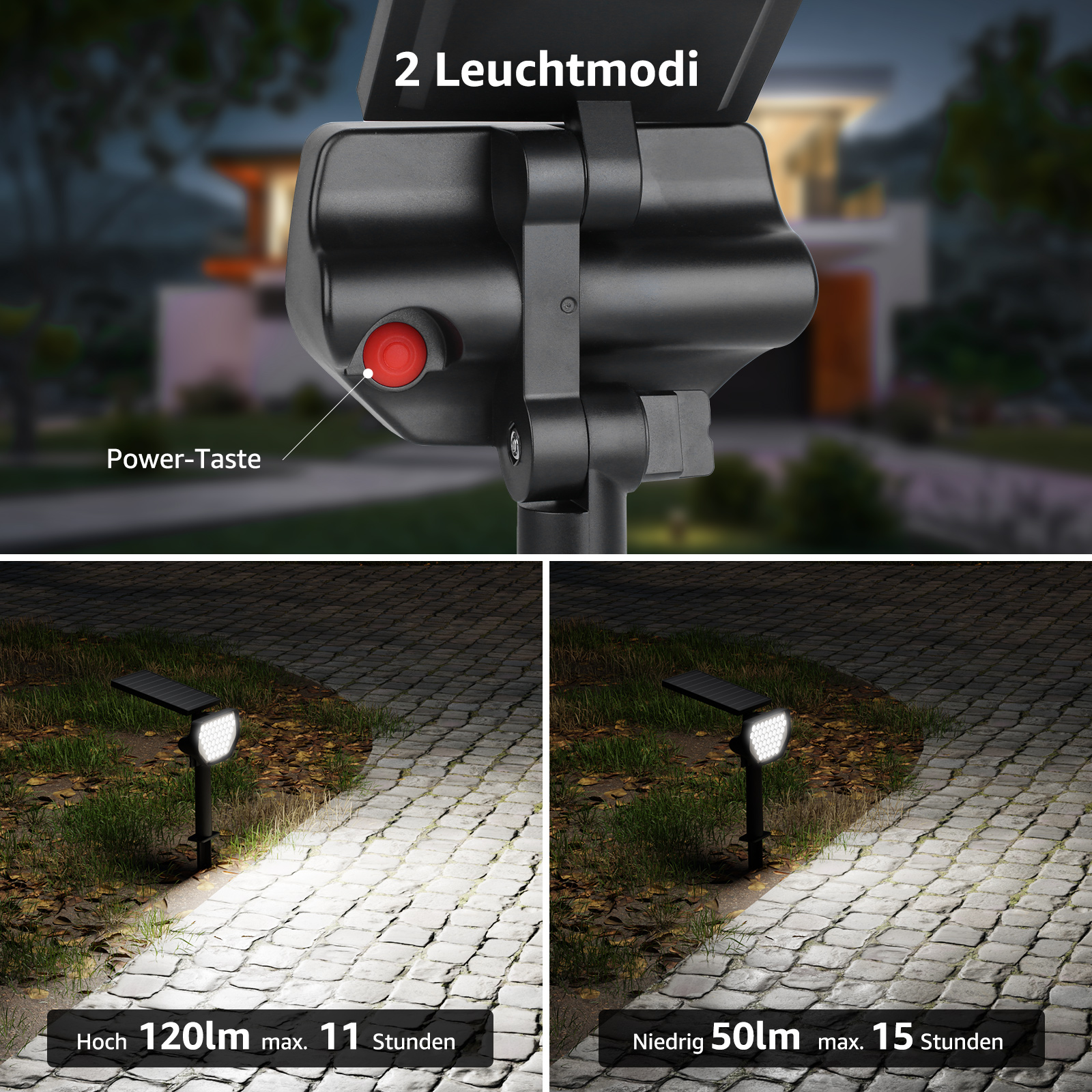 Solarbetriebene Strahler mit rotem Knopf und zwei Lichtmodi, beleuchten nachts einen Gehweg.