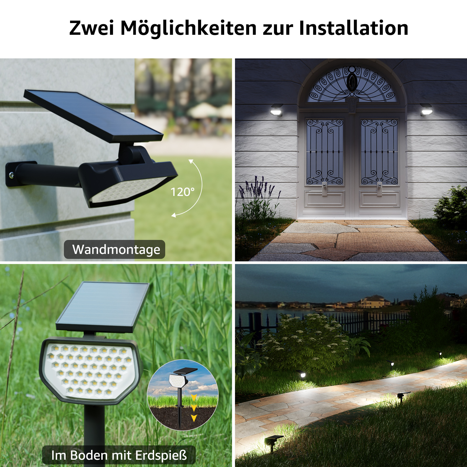 Solarbetriebene Leuchten mit verschiedenen Installationsoptionen und verschiedenen Szenen.