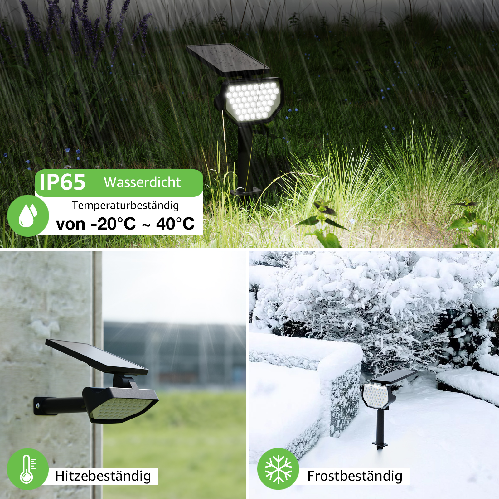 Solarbetriebene Außenleuchte. Zeigt das Licht im Gras, montiert und im Schnee. Text: Wasserdicht und langlebig.