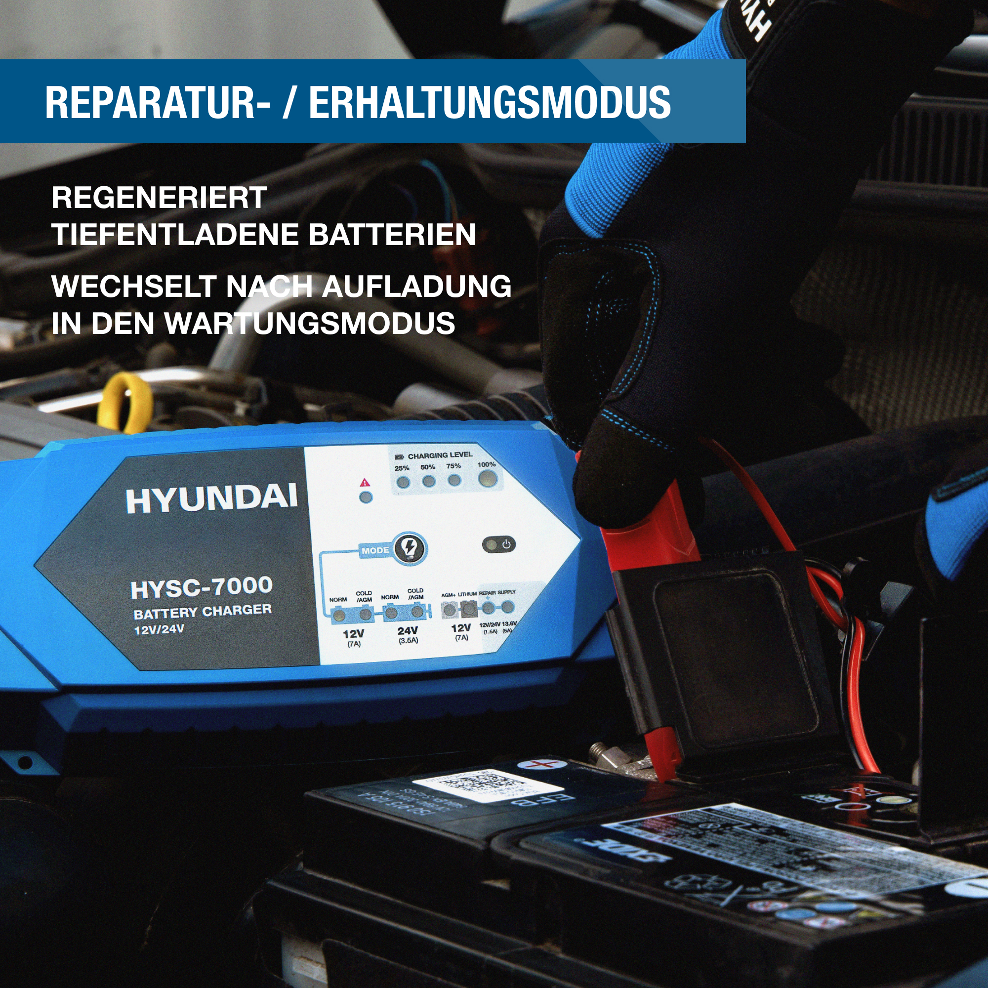 Ein Autobatterieladegerät mit blauem Gehäuse und eine Person mit Handschuhen verbindet die Klemmen.