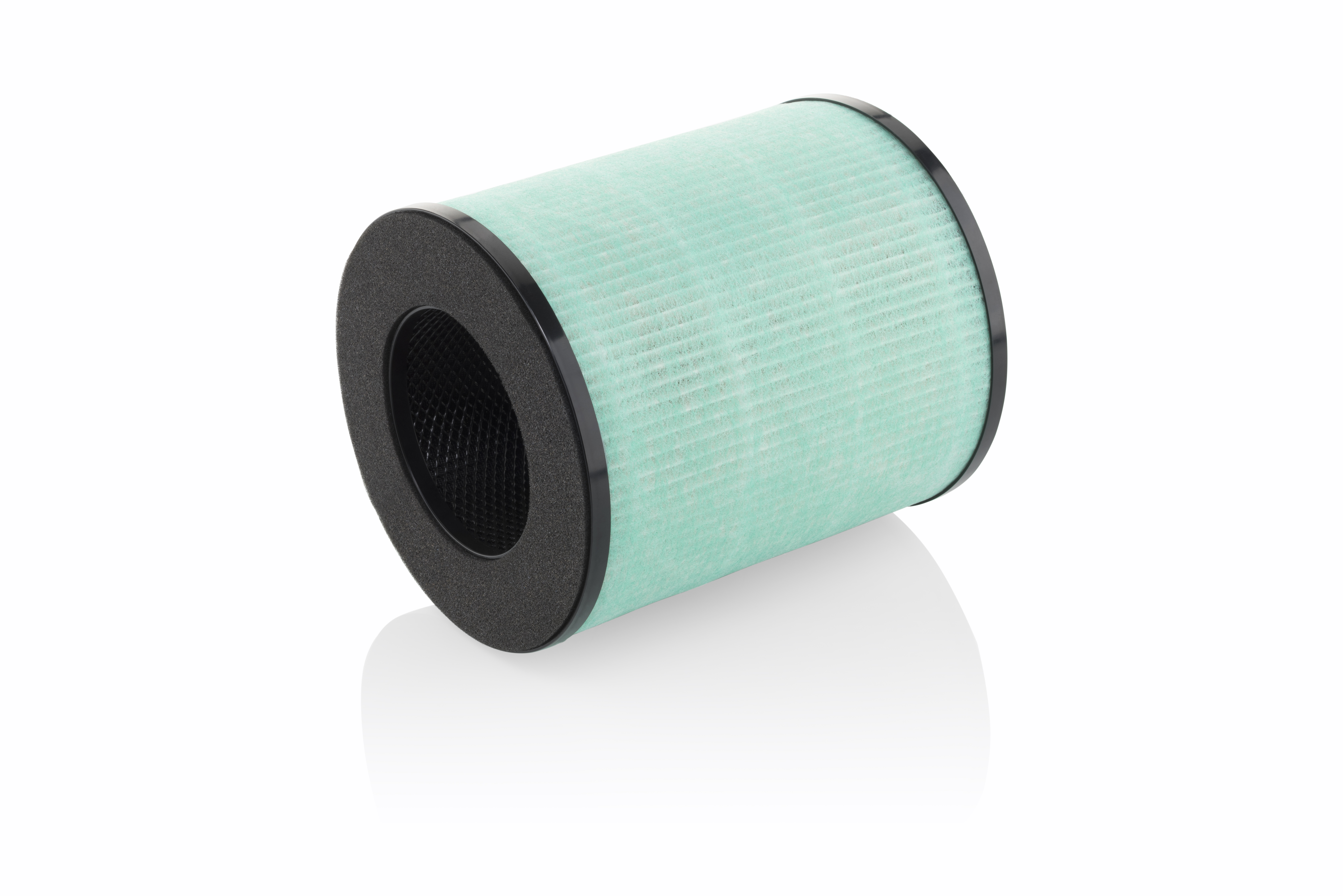 Zylindrischer Luftfilter mit grünem Filter und schwarzem Rand.