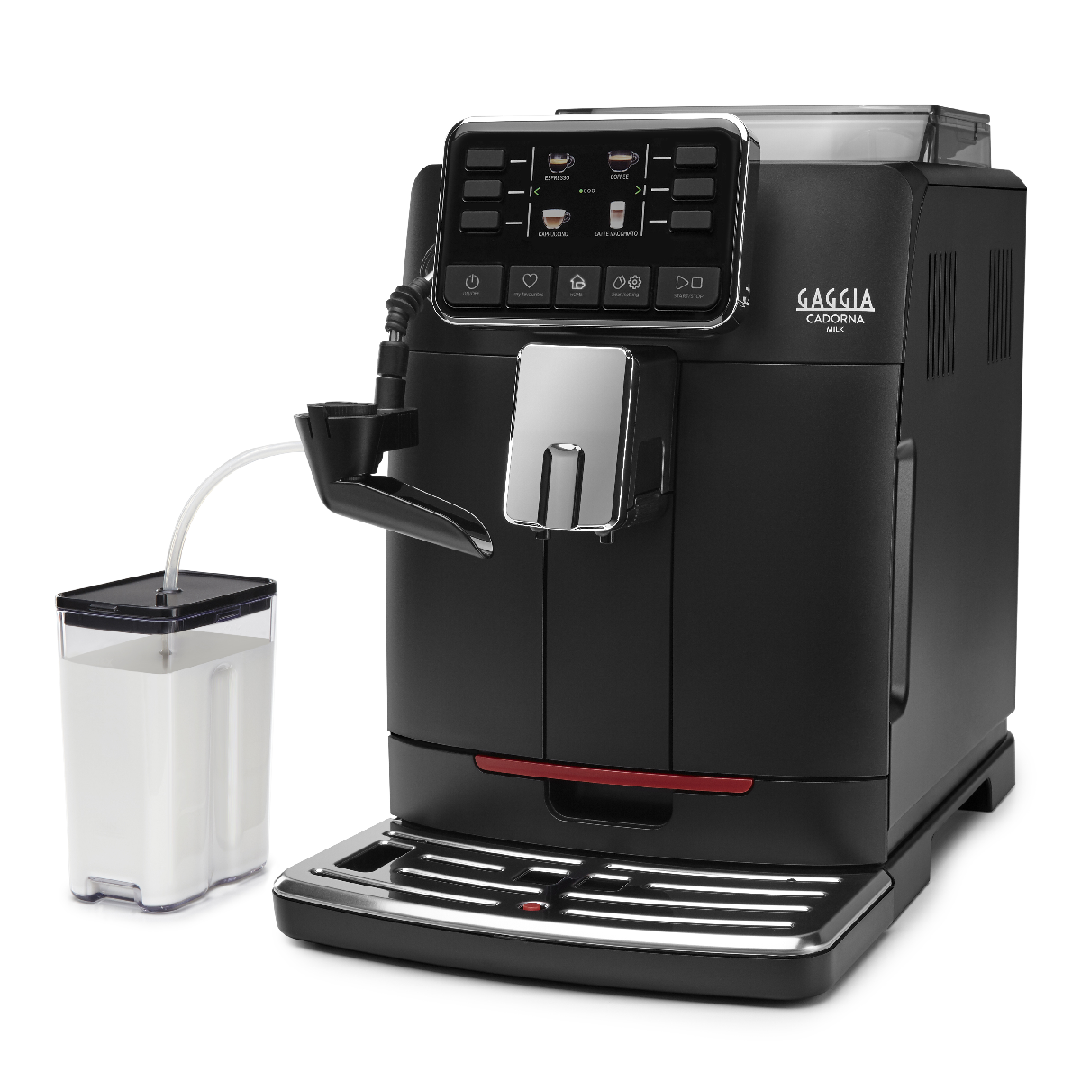 Schwarze Kaffeemaschine mit Milchbehälter links.