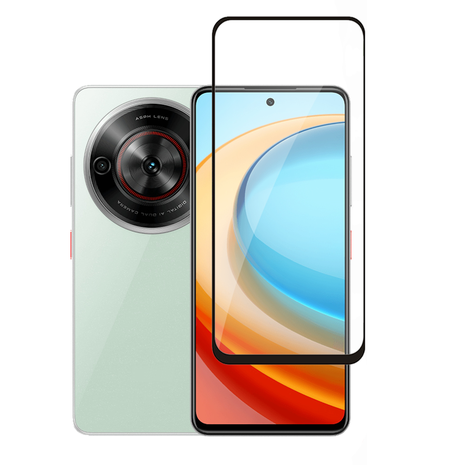 Un telefono con protezione schermo e il retro del telefono. Il telefono ha una fotocamera grande.