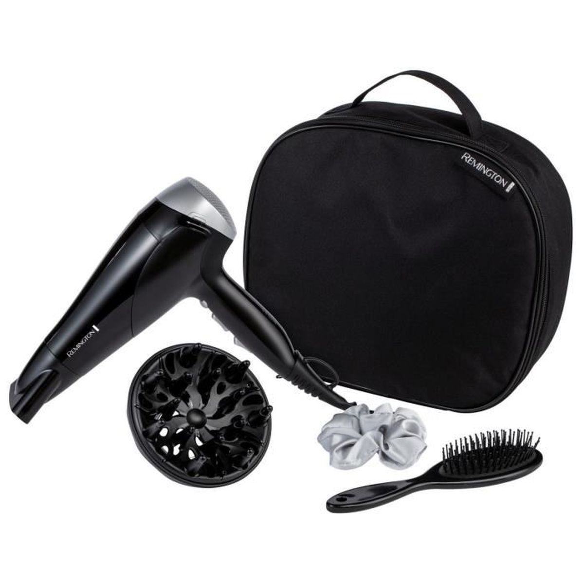 Zwarte haardroger, accessoires en een zwarte tas. Remington merk op de tas.