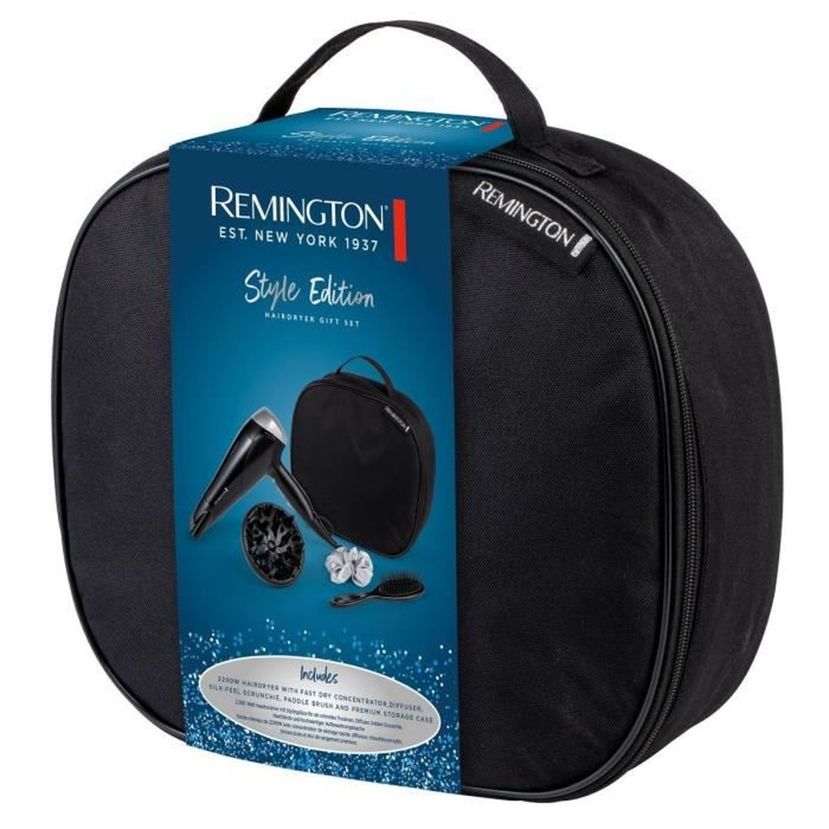 Zwarte Remington haardroger cadeau set in een tas met haardroger, diffuser en borstel. Inclusief een tas.