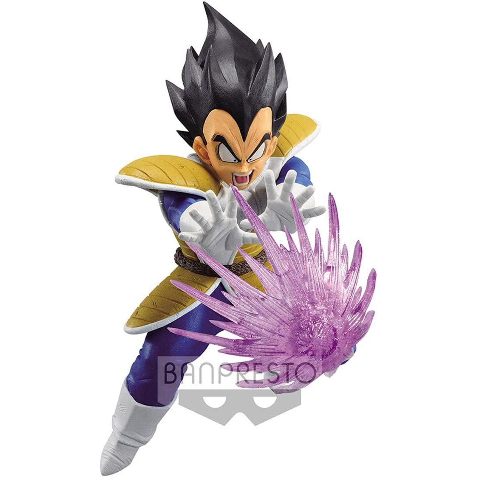 Vegeta-Actionfigur, posiert mit Energieexplosion, auf weißem Hintergrund.