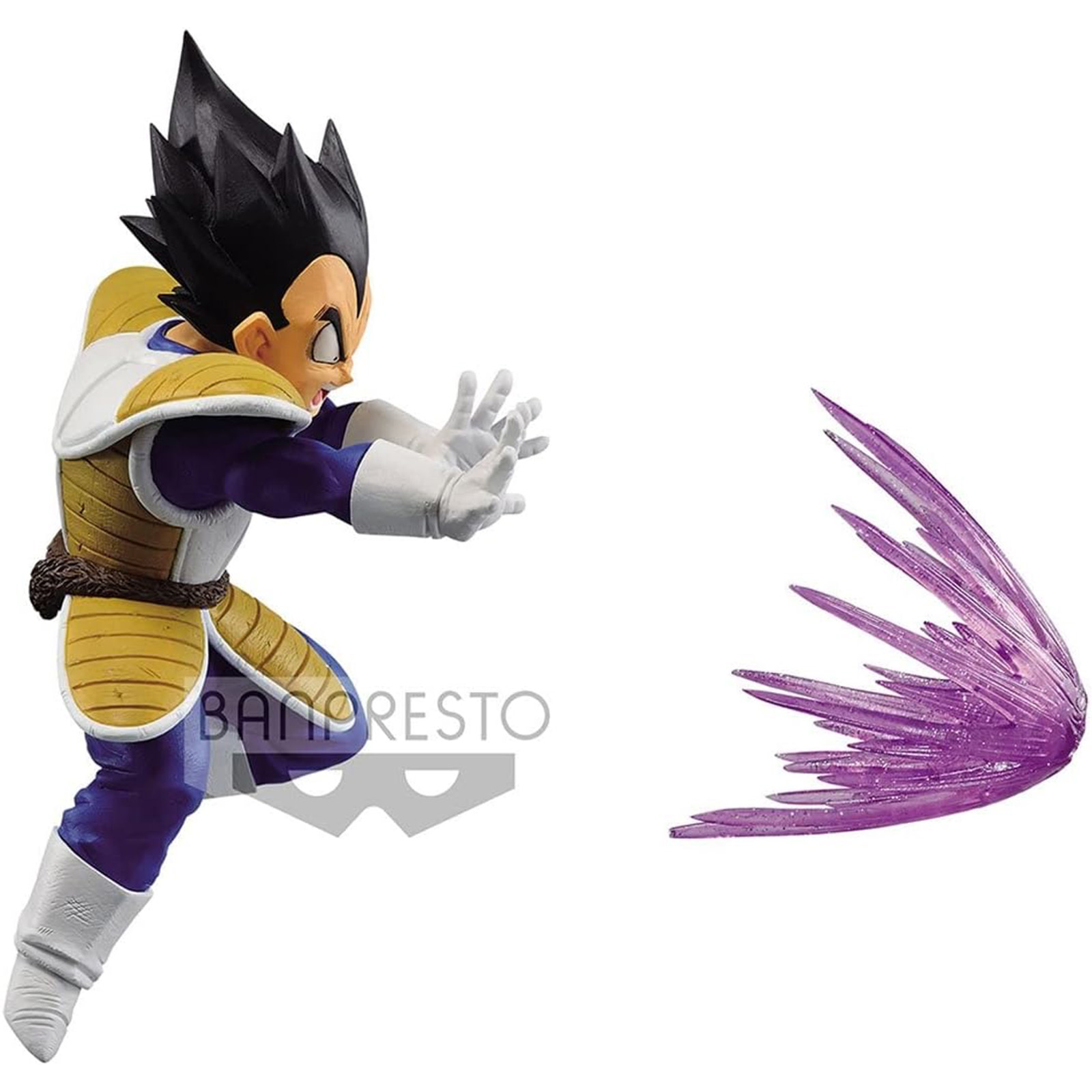 Vegeta-Figur in Aktionspose, rechter Arm ausgestreckt, umgeben von violettem Energieausbruch. Weißer Hintergrund.