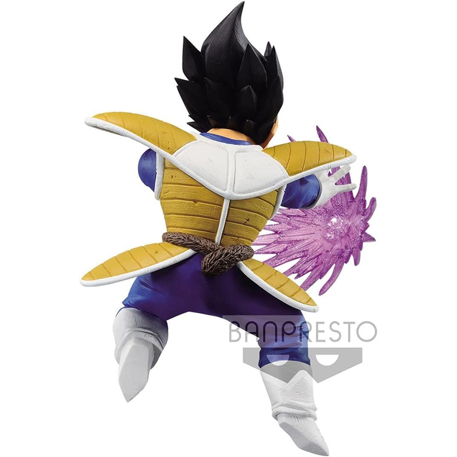 Eine Banpresto-Figur von Vegeta in Kampfpose, mit Energieeffekten und weißem Hintergrund.