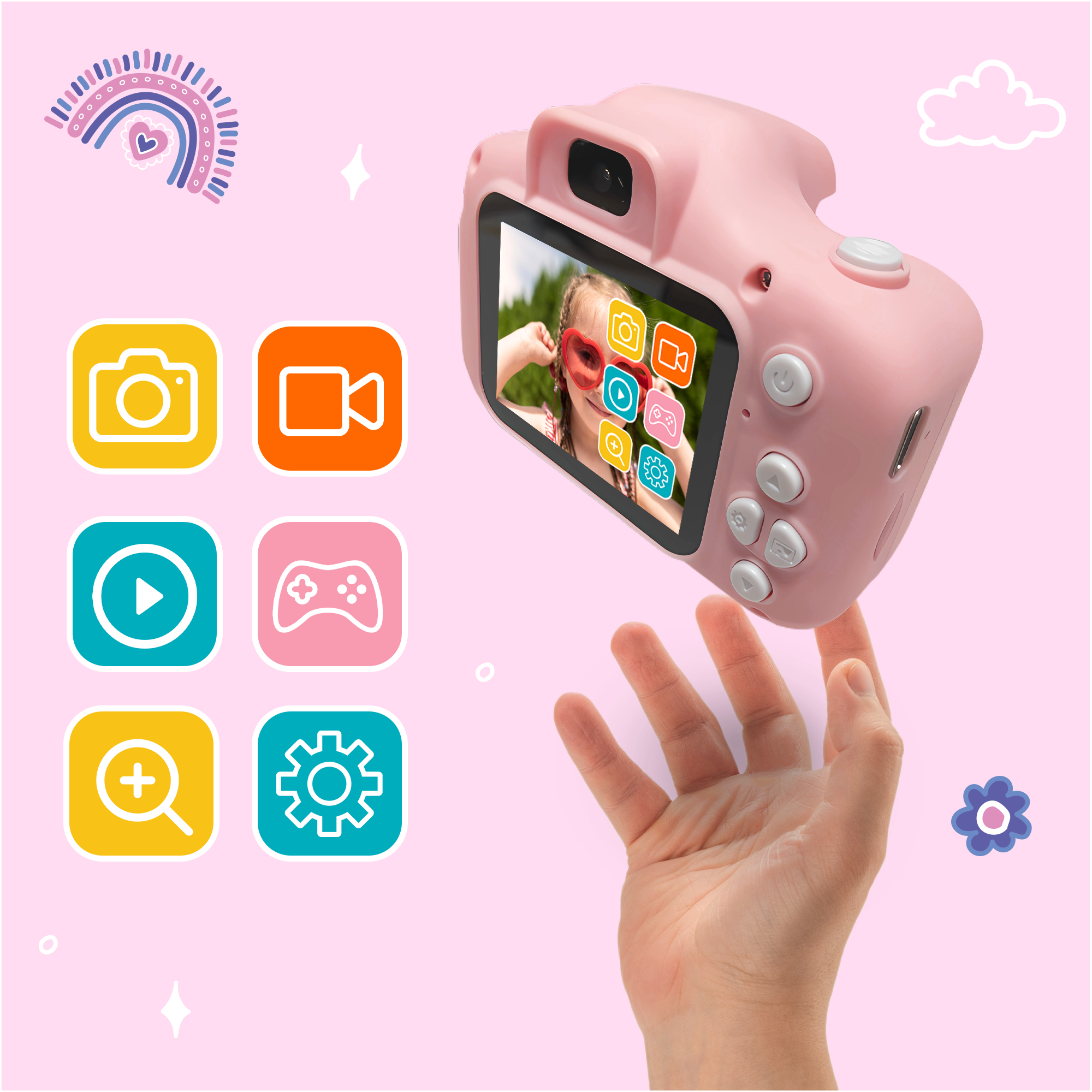 Pink toy camera with icons. A hand holds it. Rainbow, clouds, and flowers are in the background.