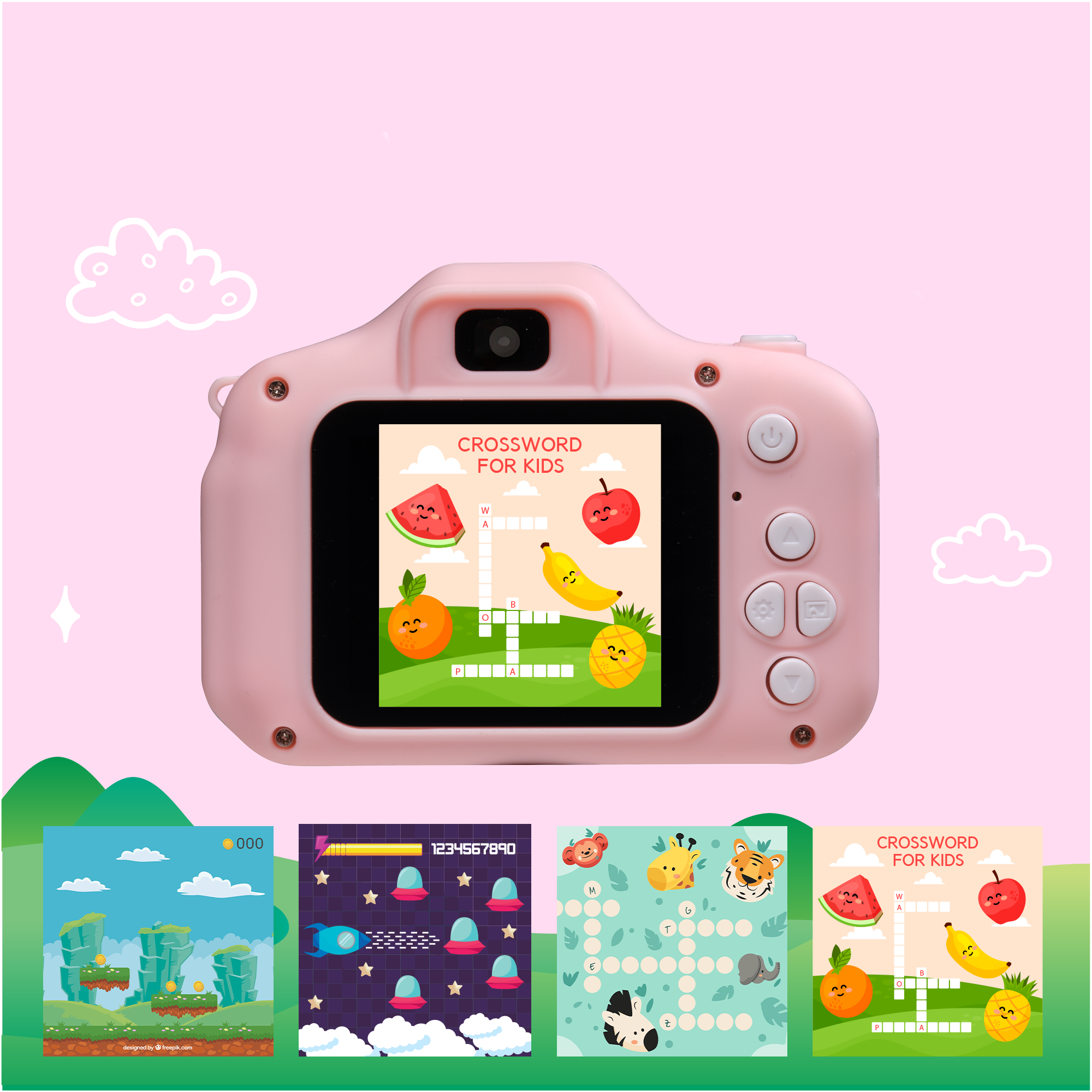 A pink camera toy with a screen showing a crossword puzzle for kids.