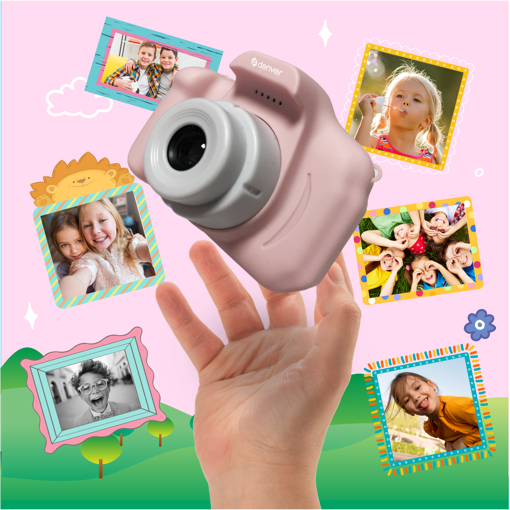Pink toy camera with surrounding photos of children.