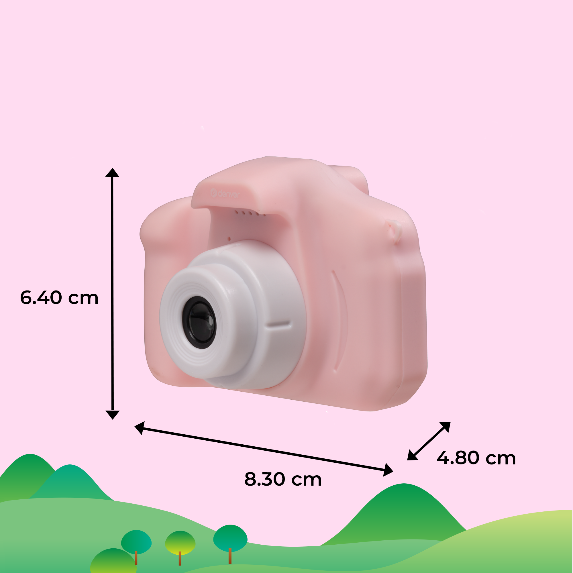 Pink toy camera with dimensions. Camera has a lens, flash and is pink. Green and pink background.
