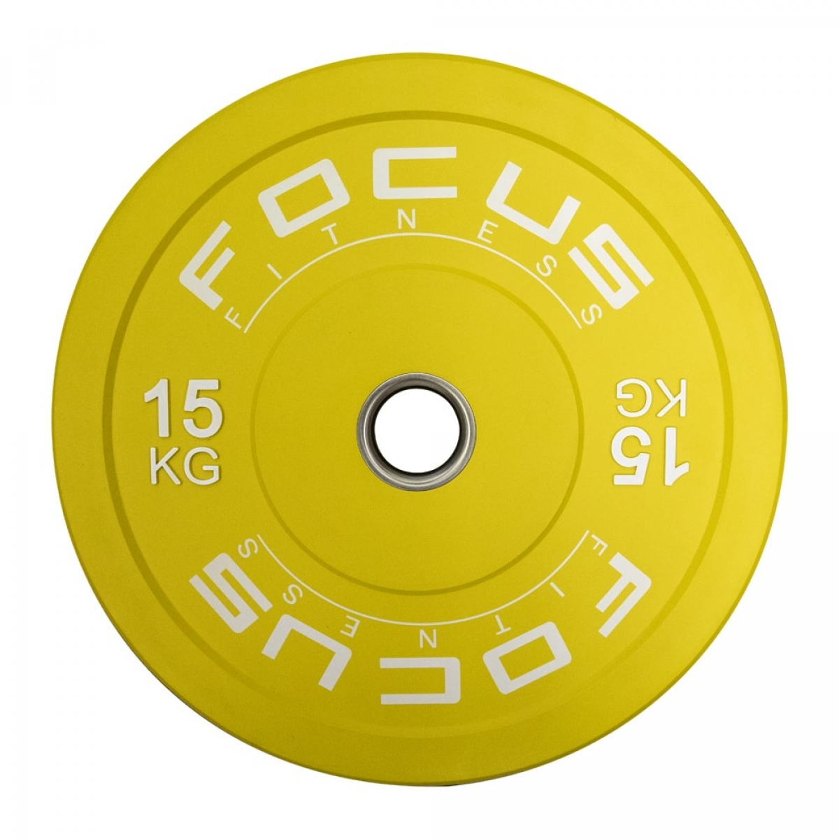 Plaque de poids jaune avec texte blanc : FOCUS FITNESS 15 KG, sur fond blanc.