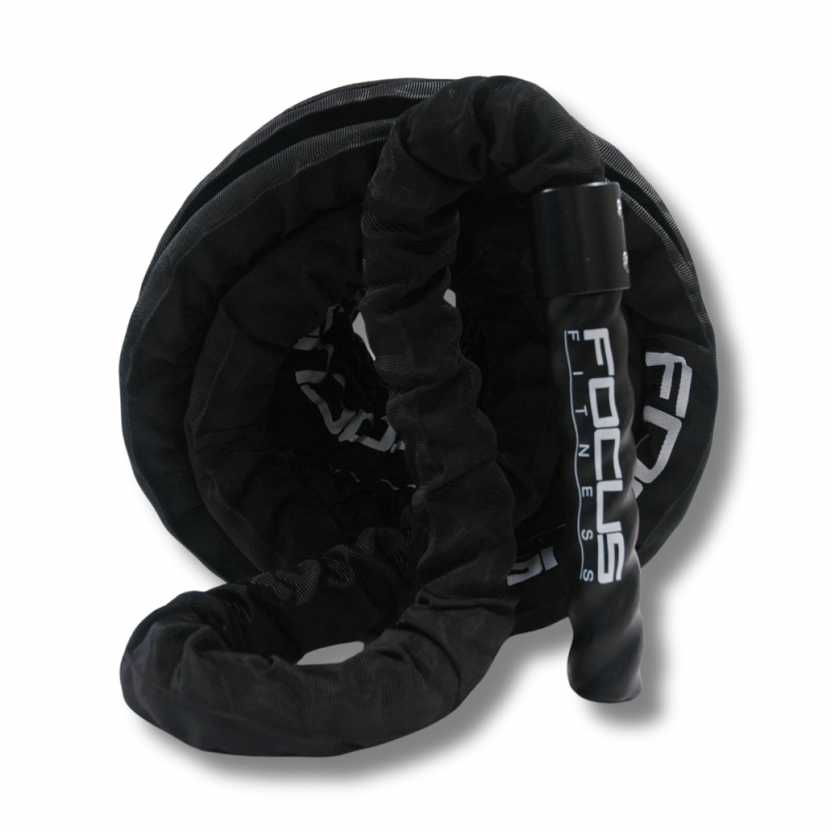 Black battle rope coiled, with a black handle and white text.