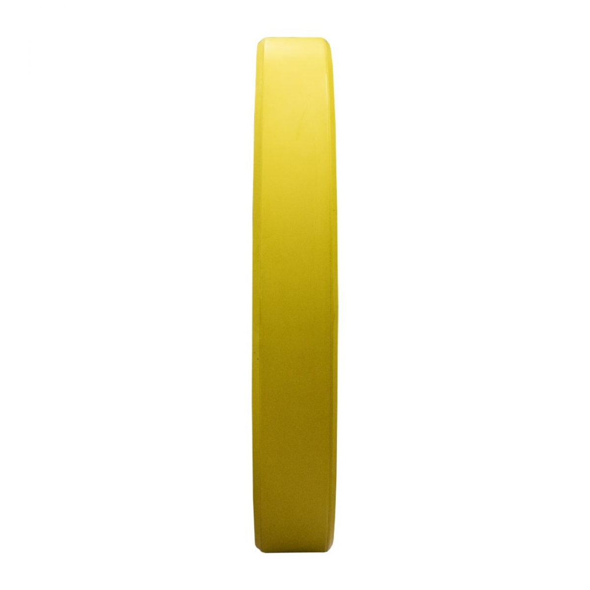 Disque de poids jaune, vue latérale, isolé sur blanc.