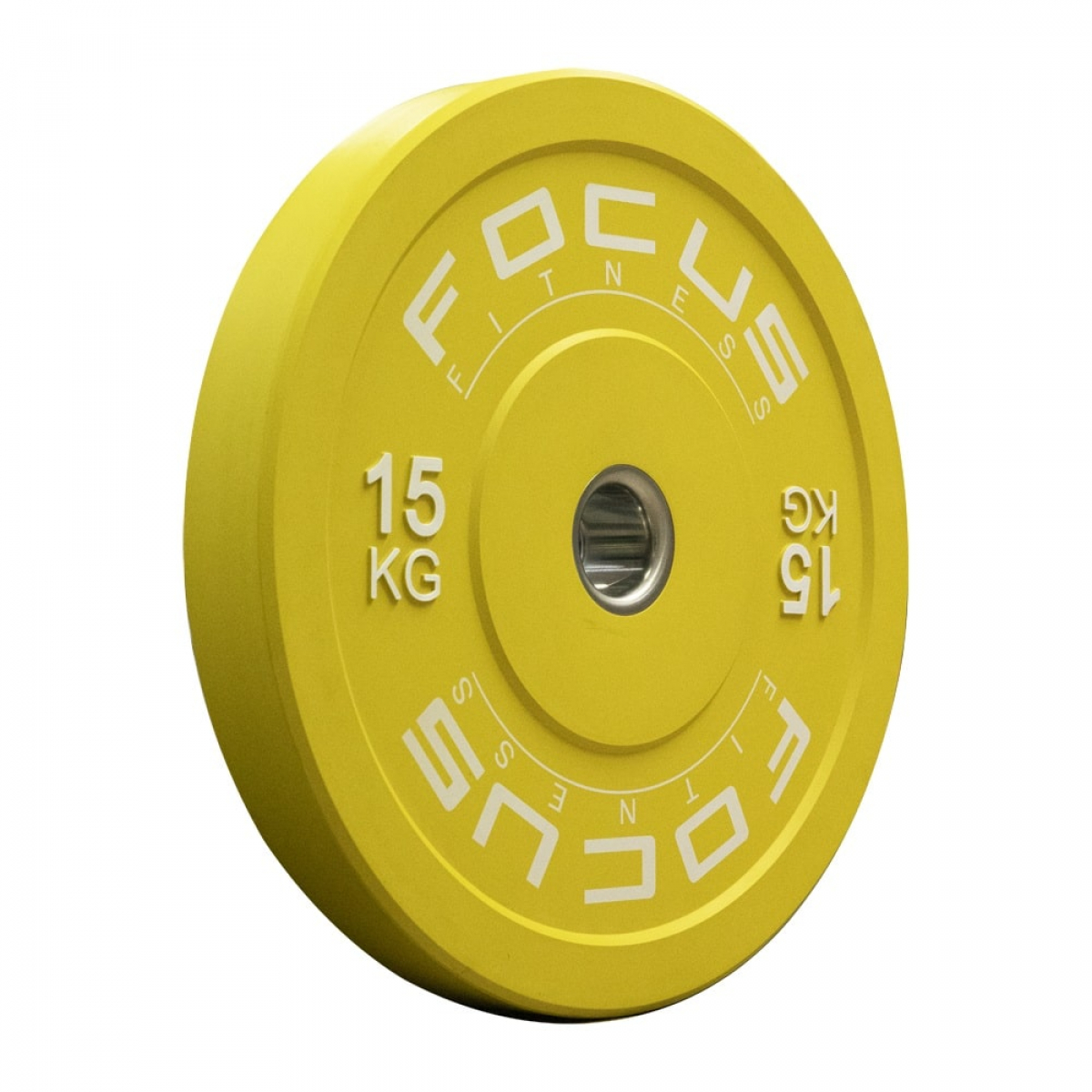 Plaque d'haltérophilie jaune avec texte blanc 'FOCUS' et '15 KG' sur fond blanc.