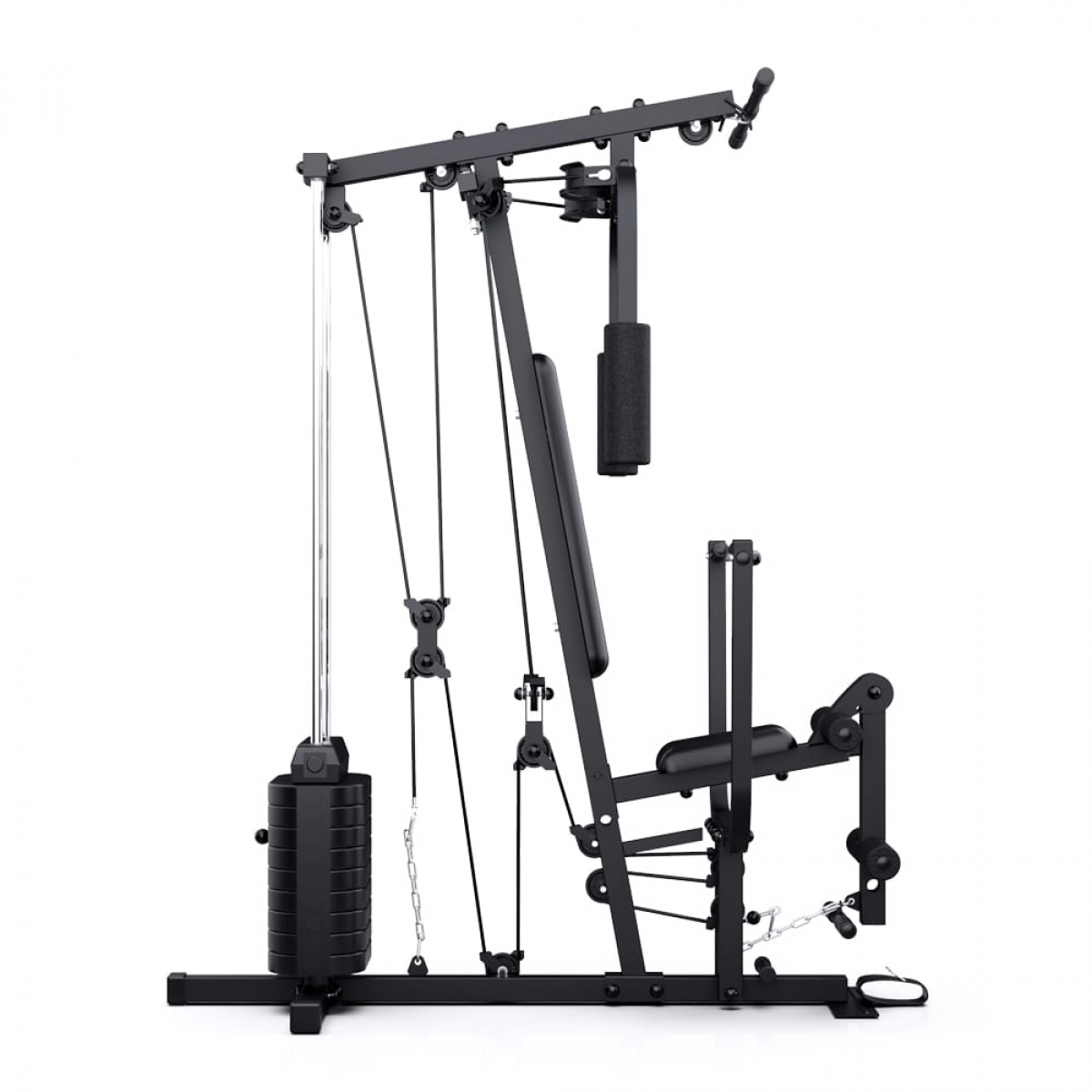 Zwarte fitnessapparatuur. Gewichten en kabels zichtbaar. Witte achtergrond. Bank in het midden.
